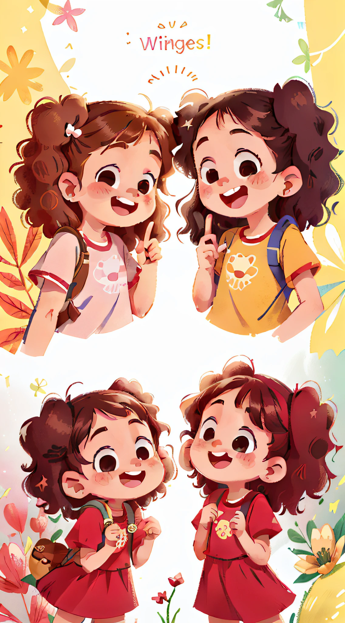 Two girls, twins, curly brown hair, both very happy, giving giggles