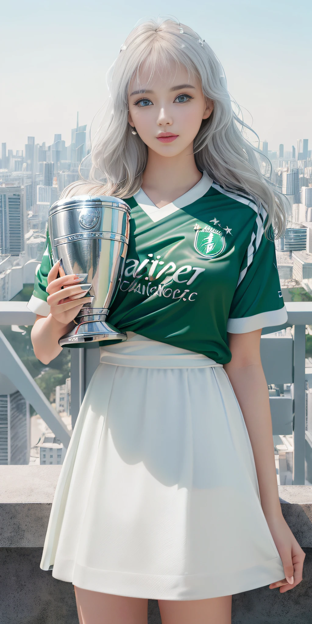 (1girl:1.3), Solo, (((Very detailed face)))), ((Very detailed eyes and face)))), Beautiful detail eyes, Body parts__, Official art, 8k unified wallpaper, Super detailed, beautiful and beautiful, beautiful, masterpiece, best quality, original, masterpiece, super thin photo, best quality, super high resolution, realistic realism, sunlight, full body portrait, amazing beauty, dynamic pose, delicate face, vibrant eyes, (from the front), She wears Palmeiras team shirt, white and green color scheme, holds the big Champions League Cup, football, silver, very detailed city roof background, roof, with city view, detailed face, detailed complex busy background, messy, beautiful, milky white, highly detailed skin, realistic skin details, visible pores, clear focus, volumetric mist, 8k uhd, DSLR, high quality, film grain, light skin, photographic realism, lomography, futuristic dystopian megalopolis, translucent