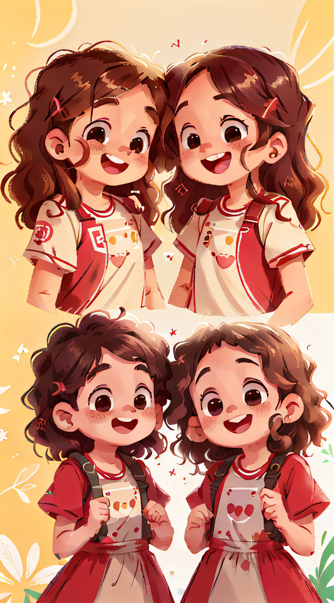 Two girls, twins, curly brown hair, both very happy, giving giggles