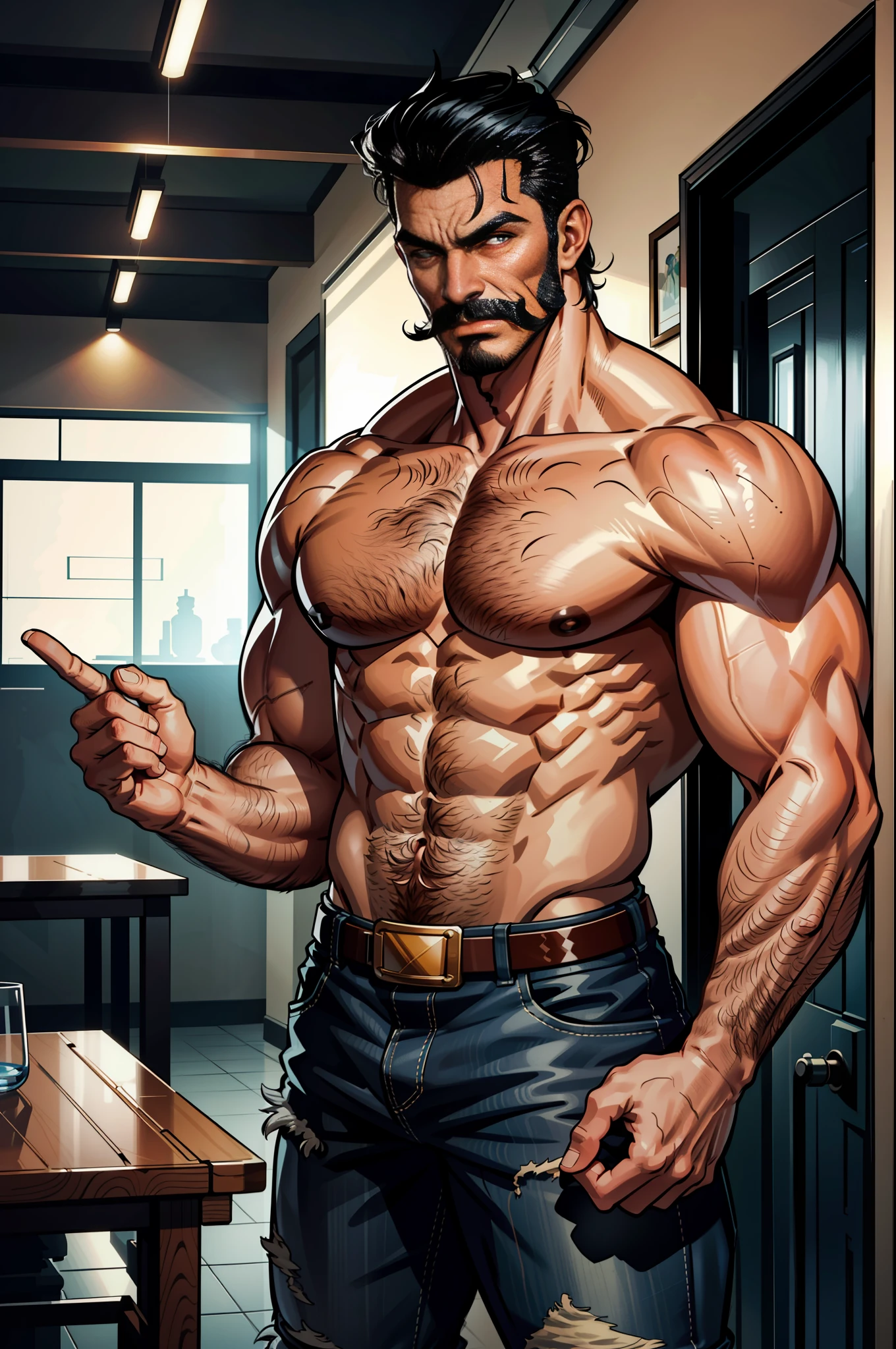 (original-art:1.2),(lineart:1.33), 1male, black hair, 1950s greaser, mature masculine muscular, handsome chisled facial features, muscular hairy body, 70s mustache, (hyperdefined),(inked-art),unusual-angle, masculine stance, full body shot, cartoon, indoor, dramatic lighting, sidelighting,complex lighting,(full vibrant colors),hatched-texture,(fine-details:1.2),absurdres,flat-colors,ultradetailed,