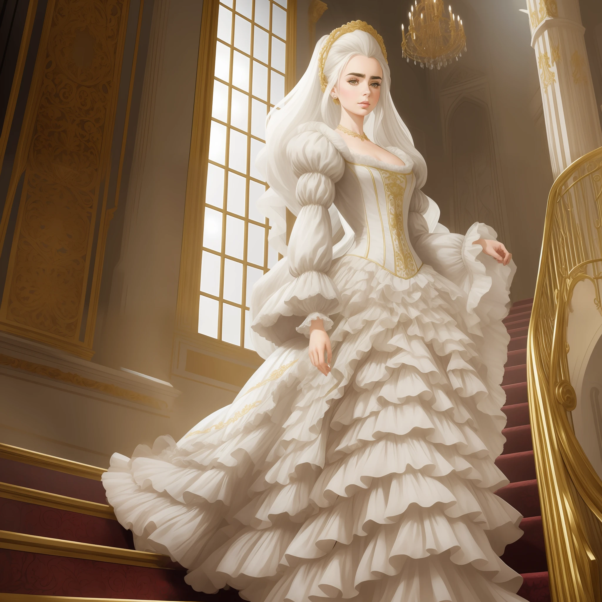 Lily Collins with white hair in a Marie Antoinette hairstyle, wearing a super detailed medieval Victorian gold dress, gloves and an eye mask. Descending the stairs from inside a palace to the ballroom, illustration is detailed, soft and bright, HD art by Greg Hildebrandt