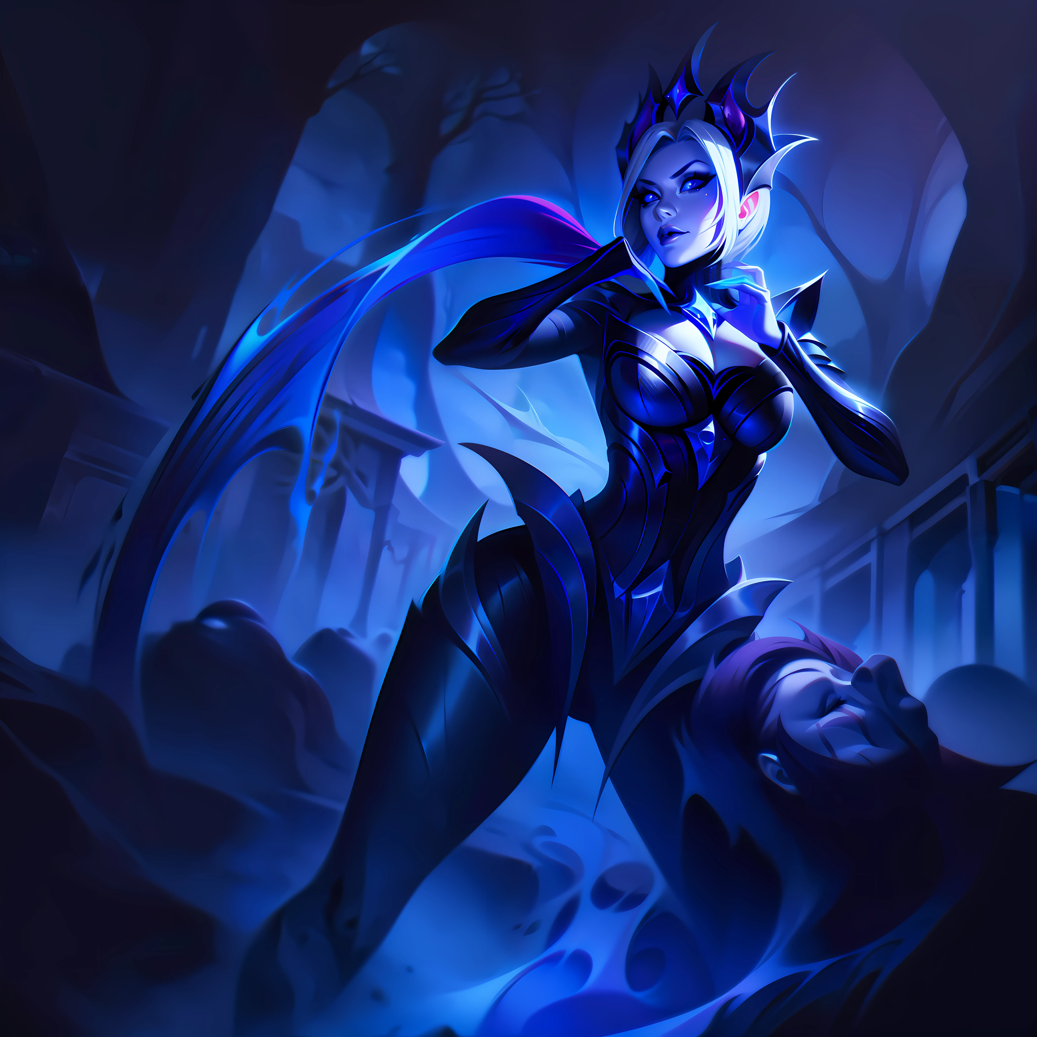 woman + vampire + evil + silver blue + ravine splashart, splashart, league of legends splashart, art, brushstroke, masterpiece, 8k, ultra detailed, HD