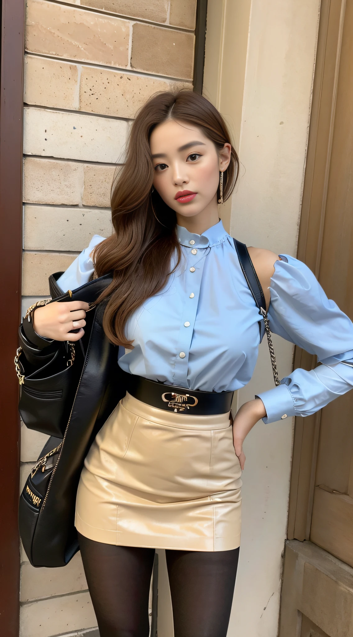 ((Top Quality, 8k, Masterpiece: 1.3)), 1 Girl, 16 Year Old Schoolgirl, Gal, Freckles, Colossal, Wheat Skin, Focus: 1.2, Ass: 1.2, (((Delicate Hair)), (Big Puff Blouse: 1.1), High Waist Leather Tight Skirt with Slit, Chubby, Style, Mine Makeup, Midnight Hotel Street, Prada Chain Shoulder Bag