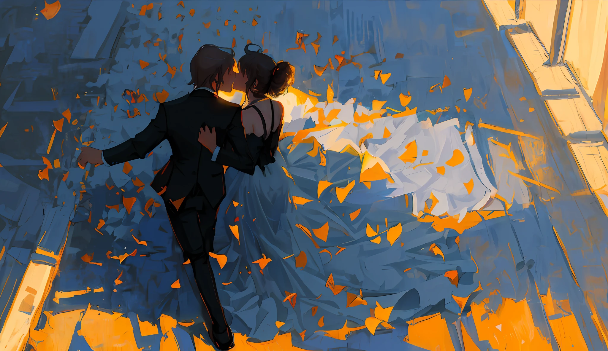 (prompt1: silhouette of a kissing couple, best quality, high resolution, elegant art style, soft lighting, romantic atmosphere, blurred background):(11)