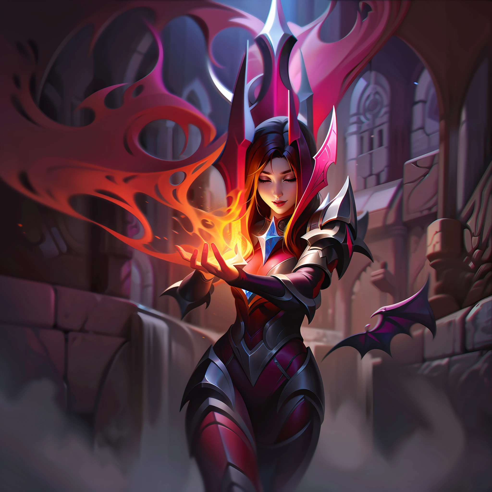 woman + fair + paladin + demon + evil splashart, splashart, league of legends splashart, art, brushstroke, masterpiece, 8k, ultra detailed, HD