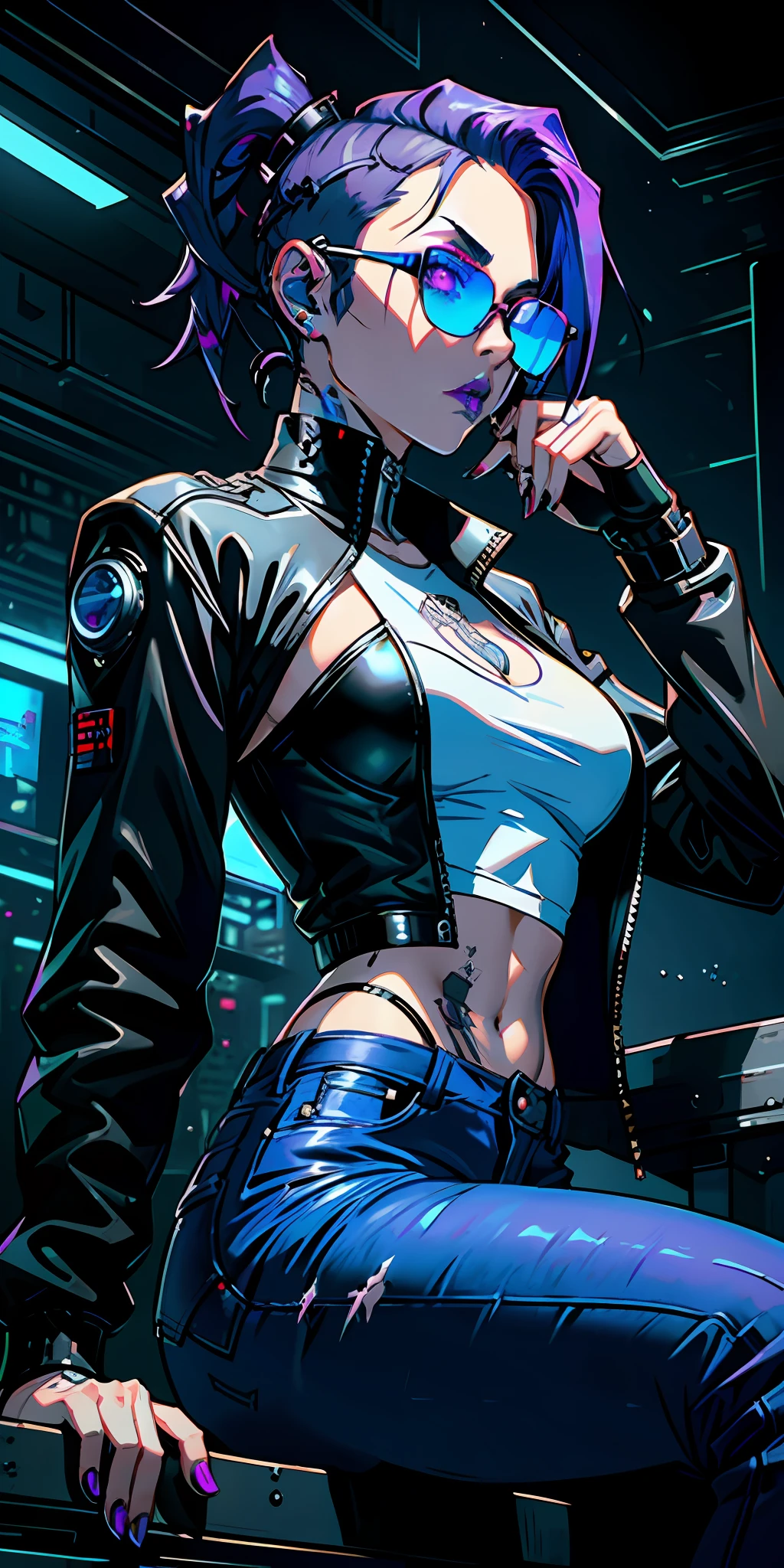 adult, gothic, girl face, serious face, sunglasses, provocative look, hair: undercut, robotic parts, cybernetic, futuristic, cyberpunk, tattoo, blue and purple hair, perfect body, fit body, white shirt, jacket: black, jeans, muscular, background: futuristic bar, drinking, sitting