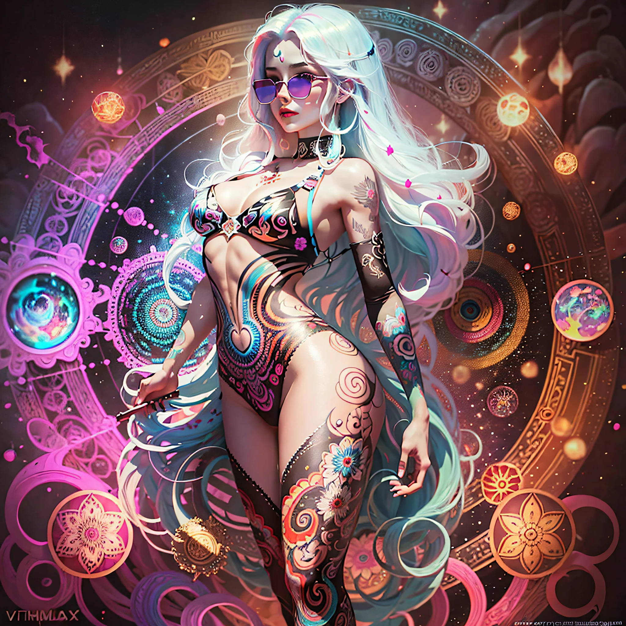 (Best quality, Masterpiece :1.3)), beautiful woman: 1.3, beautiful face, showing , full-body side woman, saturated colors, psychedelic image, LSDandala, fractral, costume, tattoo, painted body, body tilted forward, art similar to Alex Grey's art, lots of color saturation, woman, vortex, very large and colored hair, white skin, lots of resolution, lots of definition, details at most,  no blur, no blur, lots of hire, sunglasses --auto --s2