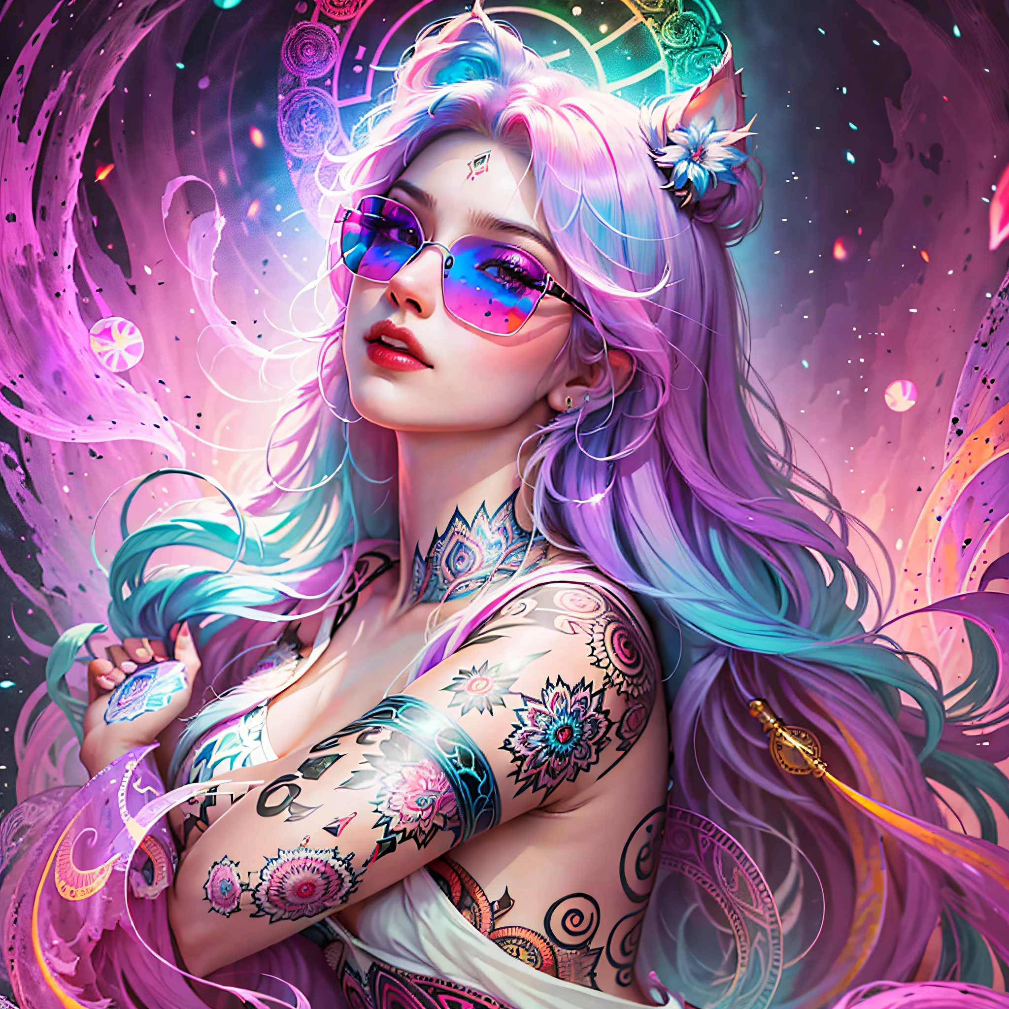 (Best quality, Masterpiece :1.3)), beautiful woman: 1.3, beautiful face, showing ass, full-body side woman, saturated colors, psychedelic image, LSD, mandala, fractral, costume, tattoo, painted body, body tilted forward, art similar to Alex Grey's art, lots of color saturation, woman, vortex, very large and colored hair, white skin, lots of resolution, lots of definition, details at most,  no blur, no blur, lots of hire, sunglasses --auto --s2