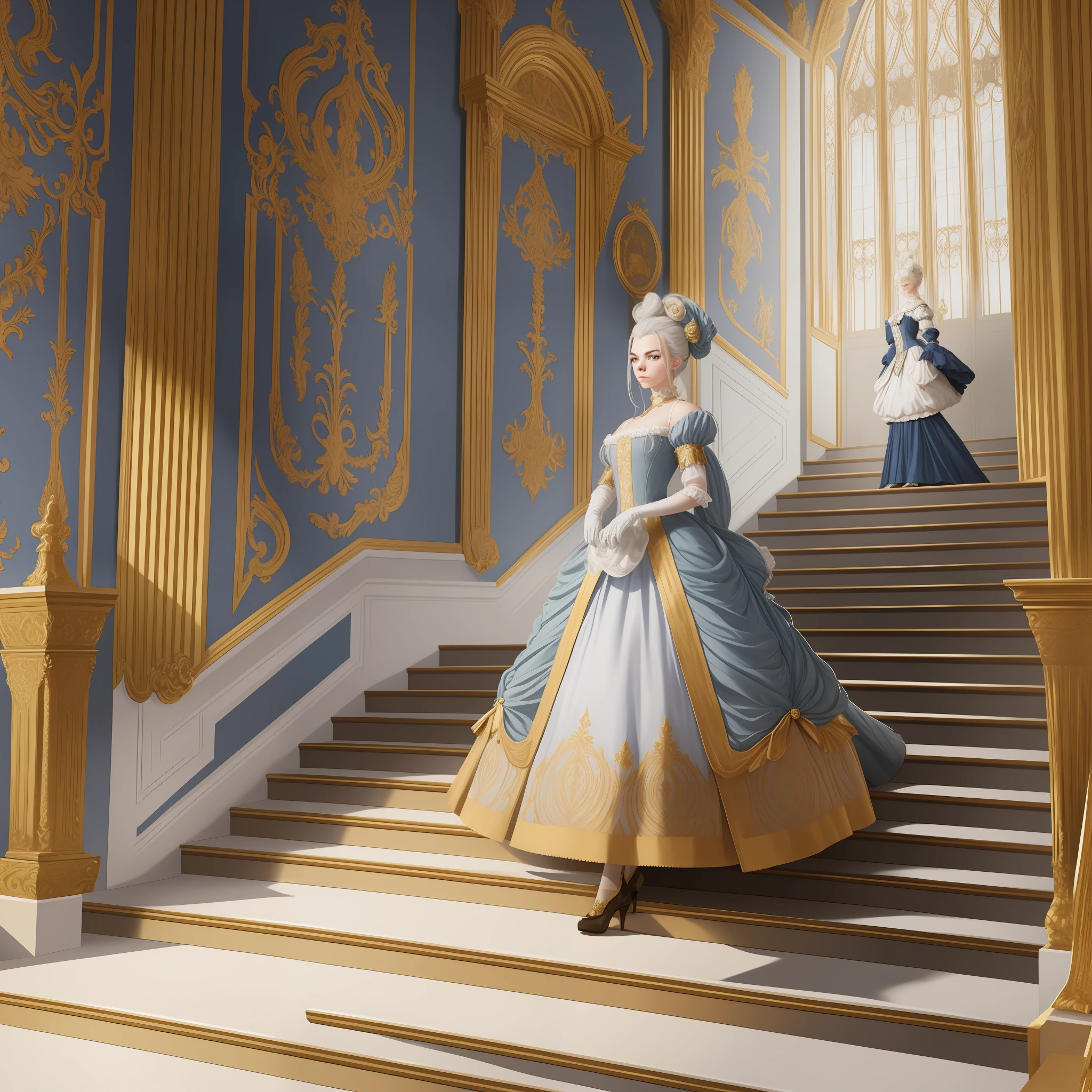 Anya Taylor-Joy with white hair in a Marie Antoinette hairstyle, wearing a super detailed medieval Victorian gold dress, gloves and an eye mask. Descending the stairs from inside a palace to the ballroom, illustration is detailed, soft and bright, HD art by Greg Hildebrandt