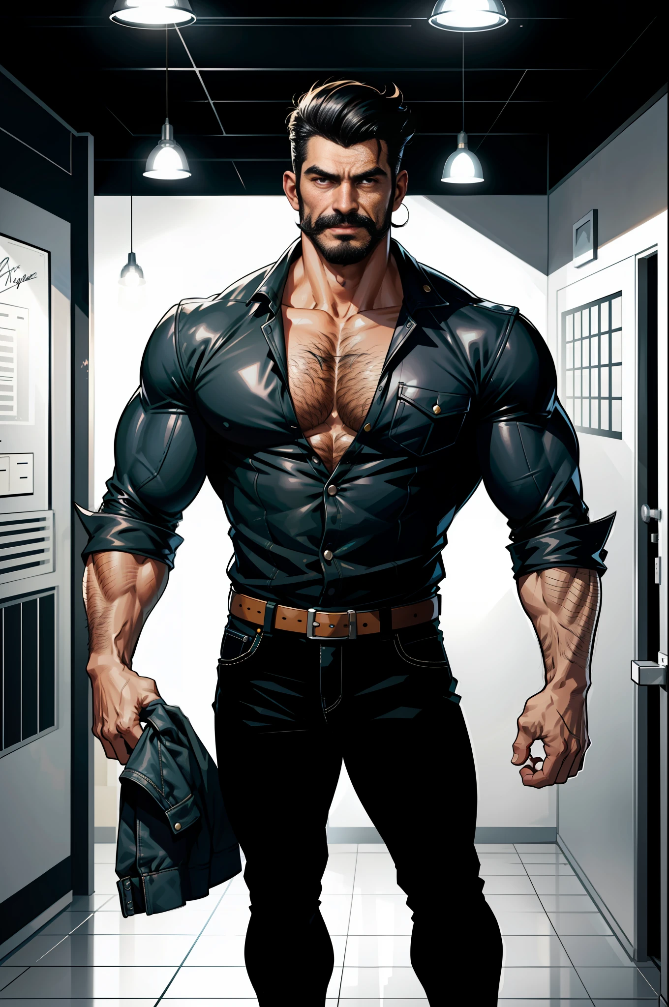 (original-art:1.2),(lineart:1.33), 1male, black hair, 1950s greaser, mature masculine muscular, handsome chisled facial features, muscular hairy body, 70s mustache, (hyperdefined),(inked-art),unusual-angle, masculine stance, full body shot, cartoon, indoor, dramatic lighting, sidelighting,complex lighting,(full vibrant colors),hatched-texture,(fine-details:1.2),absurdres,flat-colors,ultradetailed, city street,