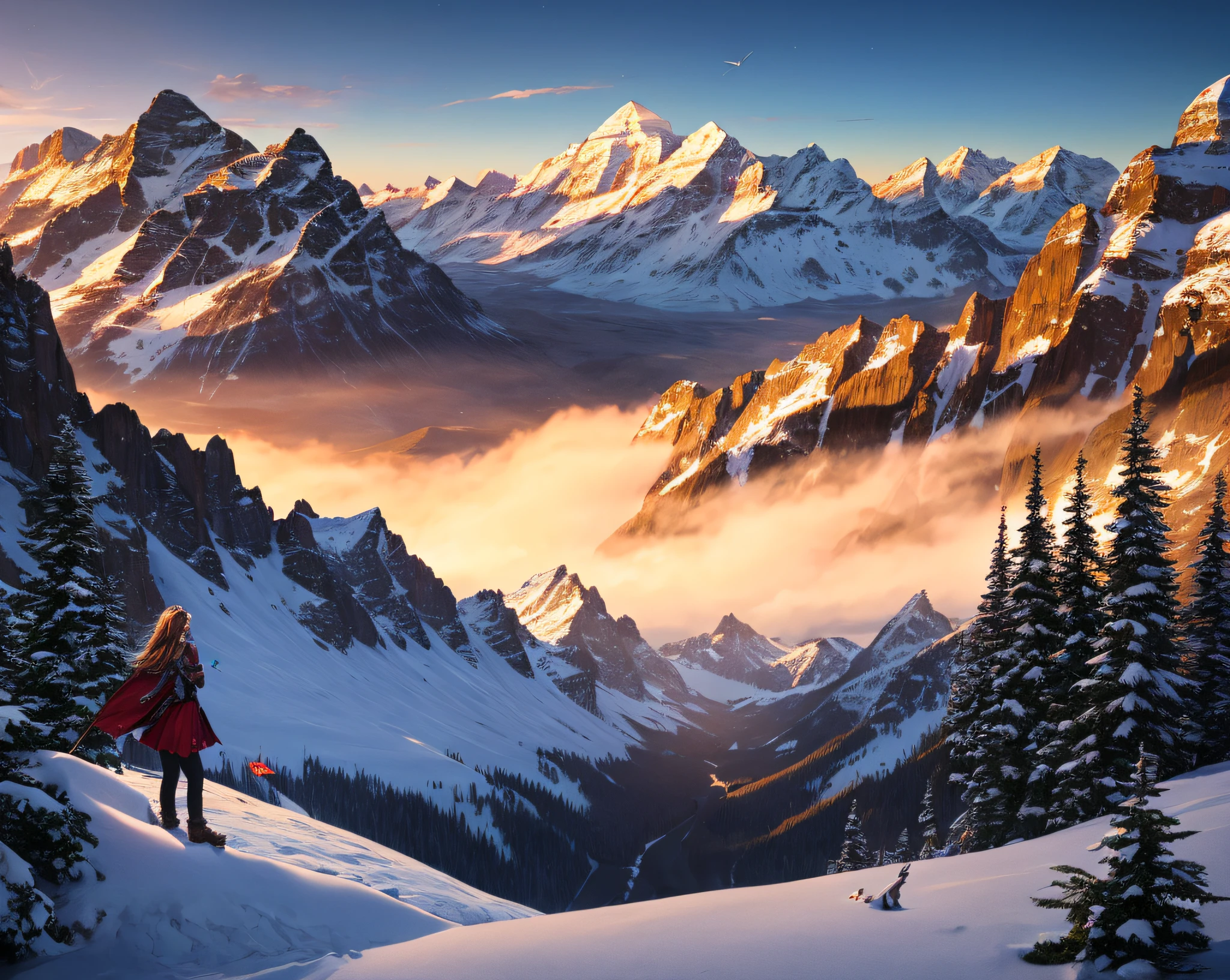 ((master piece)),best quality, illustration, dark, 1girl, In the wilderness,High mountain,Snow-capped mountains in the distance, castle, beautiful detailed eyes,  beautiful detailed hair, canada flag