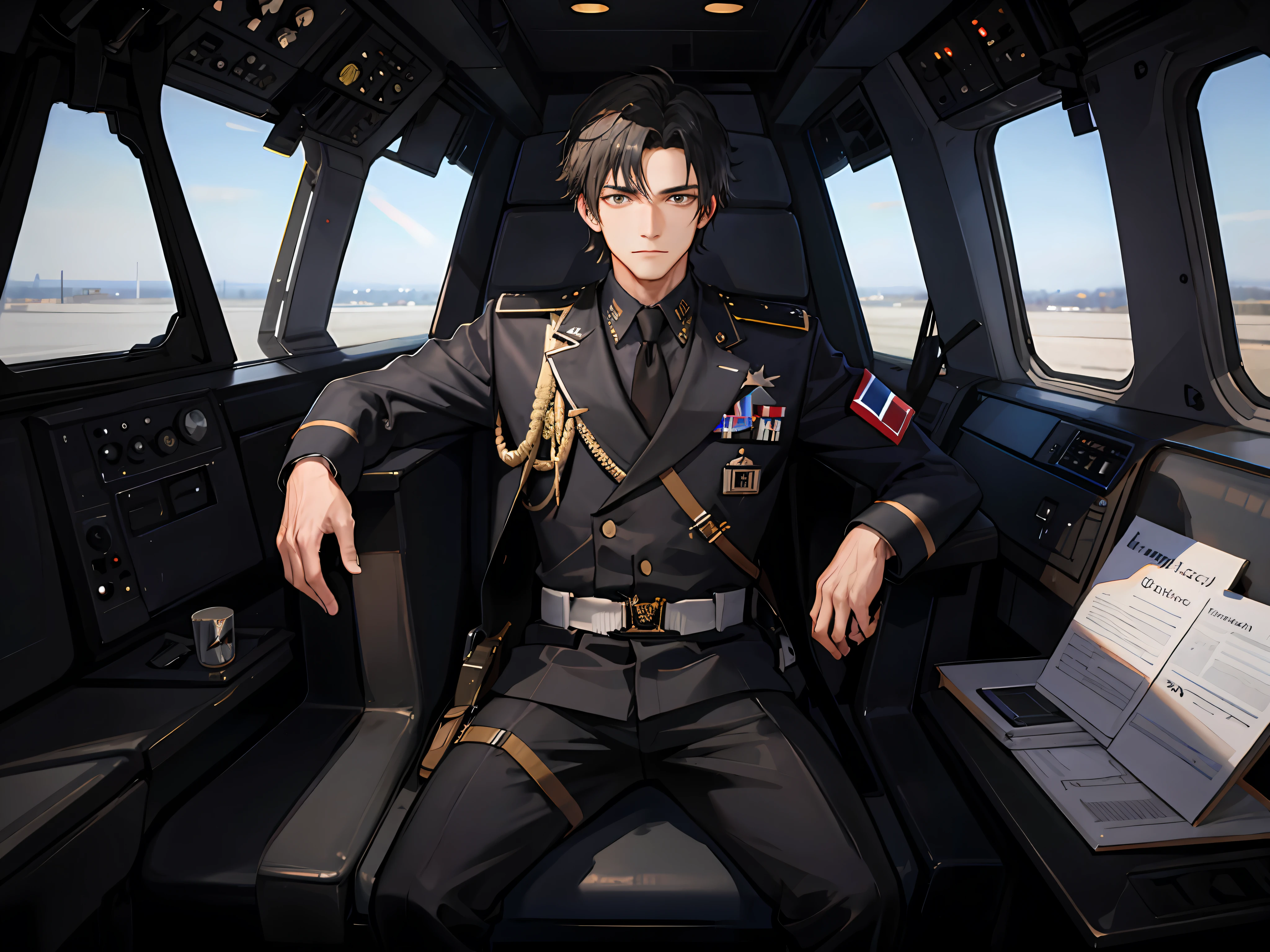 A man sits inside a fighter jet, ready to go, black hair, looking out the window, black military uniform