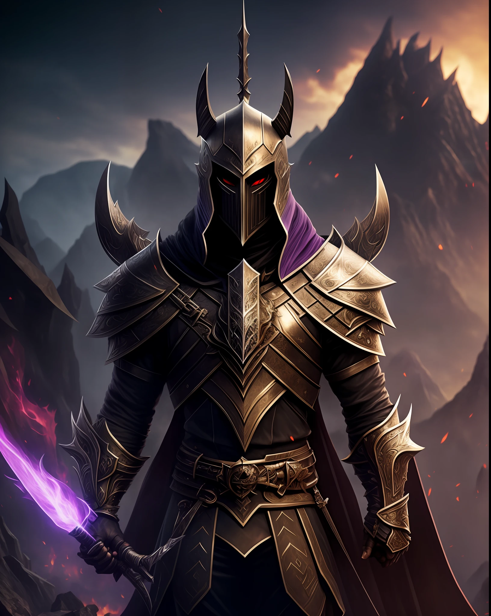 a knight, black armor, purple sword, fire magic, moonlight, purple details, black hair, full armor, demonic mask, red eyes, mountains, smoke, war, devil eyes, evil smile, crazy, determined, evil, mask pull, Gothic art, modern, cinematic lighting, reflection light, glowing light, drop shadow, atmospheric perspective, from outside, UHD, high quality, super detail --auto --s2