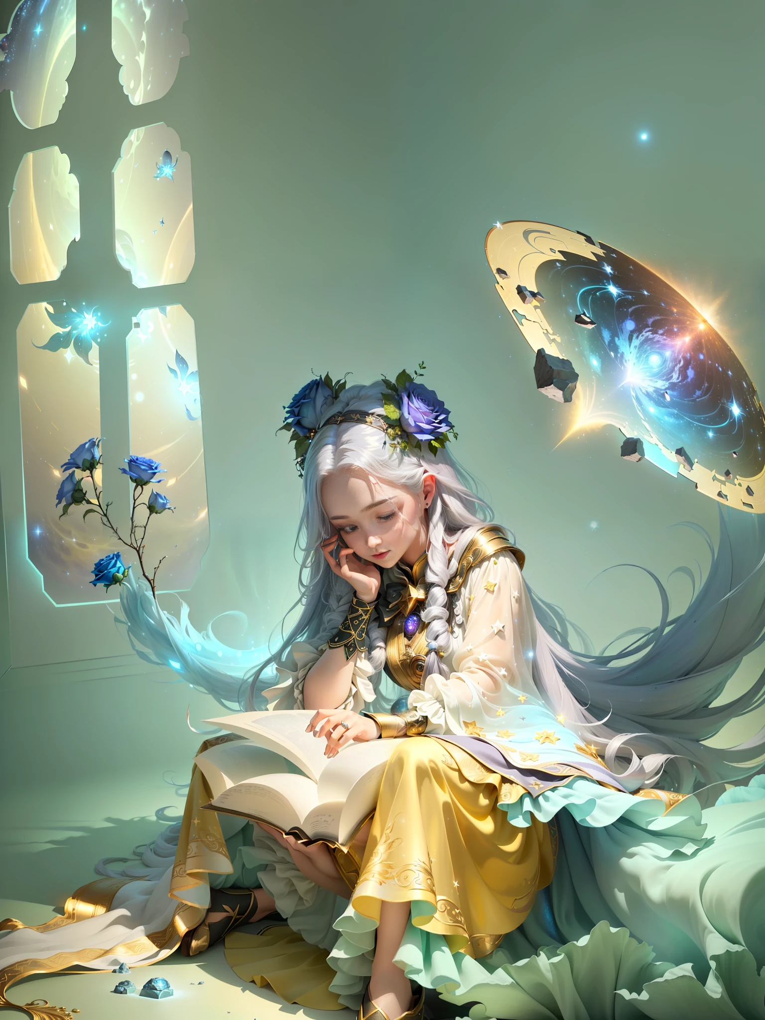 Masterpiece, best quality, (very detailed CG unity 8k wallpaper), (best quality), (best illustration), (best shadows), cosmic theme with natural elements. Circle, surrounded by planetary orbits and turbulence, with fireflies and glowing particle effects, (natural elements), (cosmic theme), (stars), (milky way), (stars), void, (delicate celestial bodies), (luminous), (particle effects). , isometric 3D, Octane rendering, ray tracing, super detailed (extremely detailed CG Unity 8k wallpaper, masterpiece, high quality, super detailed), 1girl (charming girl, lavish decoration, gorgeous, and charming red rose), (dynamic view, dazzling eyes, long silver hair: 1.3, fine collection,) surrounded by arcane runes, (magic and mysterious background, firefly lights, glowing particles, ethereal fog and darkness), high saturation