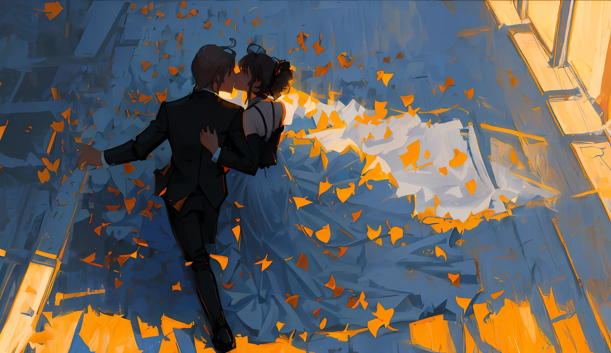 (prompt1: silhouette of a kissing couple, best quality, high resolution, elegant art style, soft lighting, romantic atmosphere, blurred background):(11)