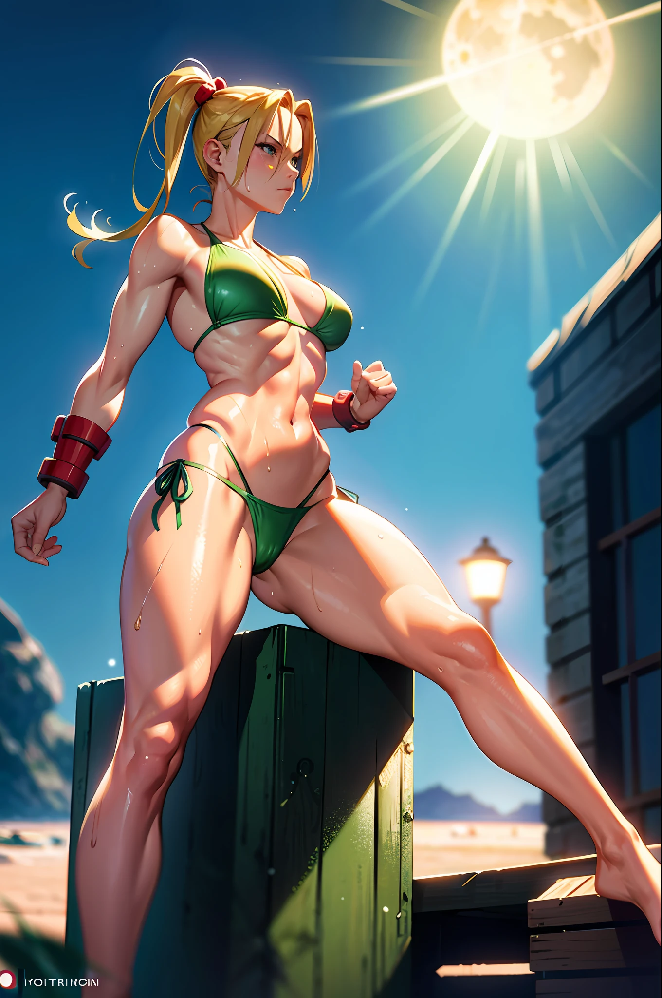 Cammy from Street Fighter, wearing a skimpy green bikini, wet skin, oily skin, cute face, serious face, coming out from the sea, night time, moon background, UHD, side lighting, ultra-realistic, ray tracing, full body must be visible
