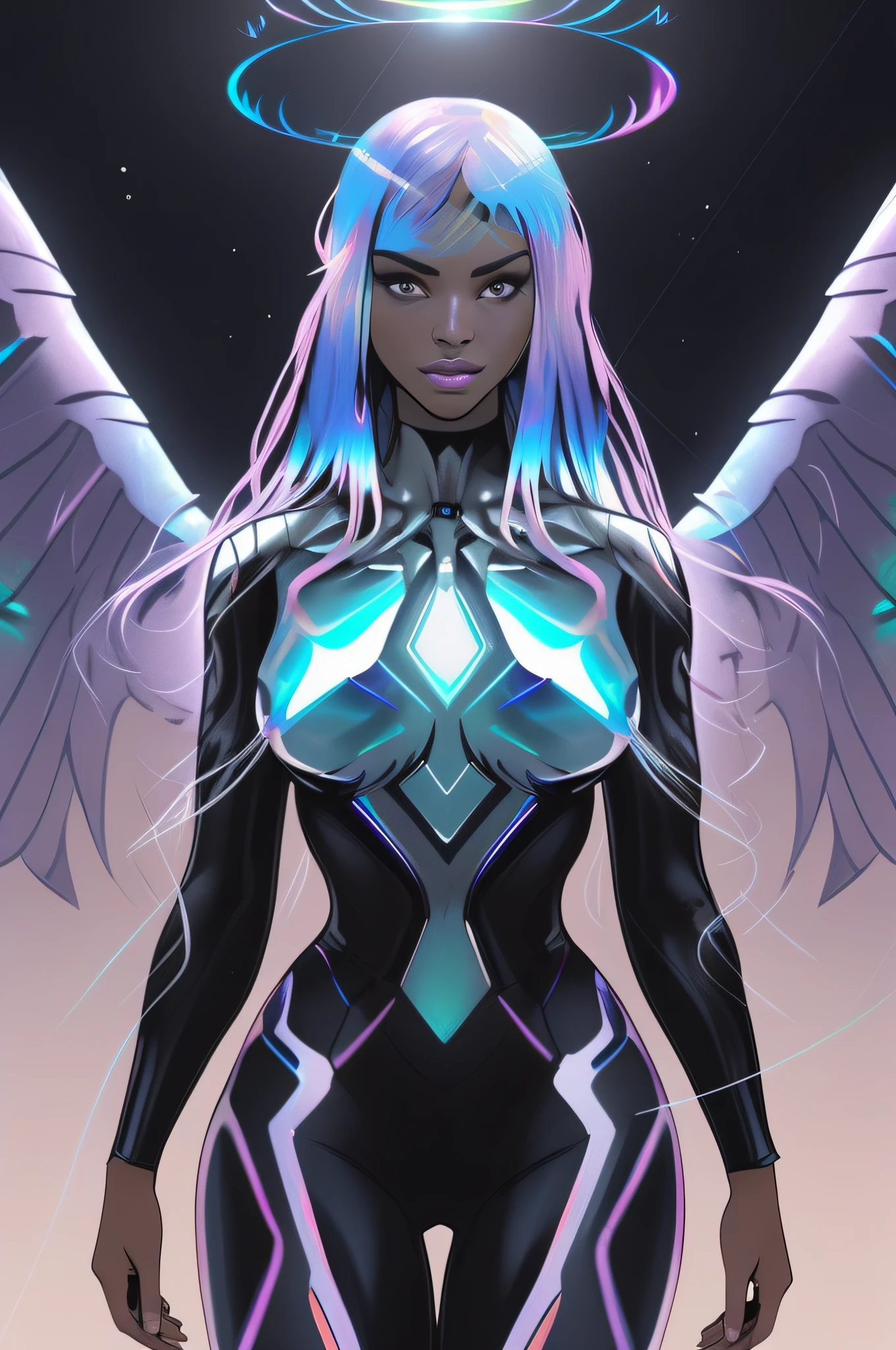 woman, wings, halo, iridescent holofoil, long hair,