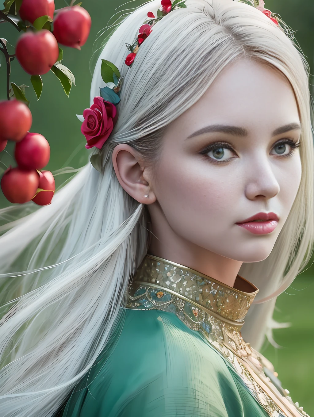 Arafed woman in a dress standing in a red apple field, beautiful detailed portrait, beautiful digital artwork, stunning elegant pose, detailed beauty portrait, art fashion photography, detailed dress and face, green and blue tones, beautiful digital illustration, sergey zabelin, photo of a beautiful woman, very nice photo, by Galen Dara, close-up portrait,  details Blue turquoise, last she a small river with ducks, and a white horse that drink from the river, the woman carries in these arms a very beautiful colorful bird of 4 colors
