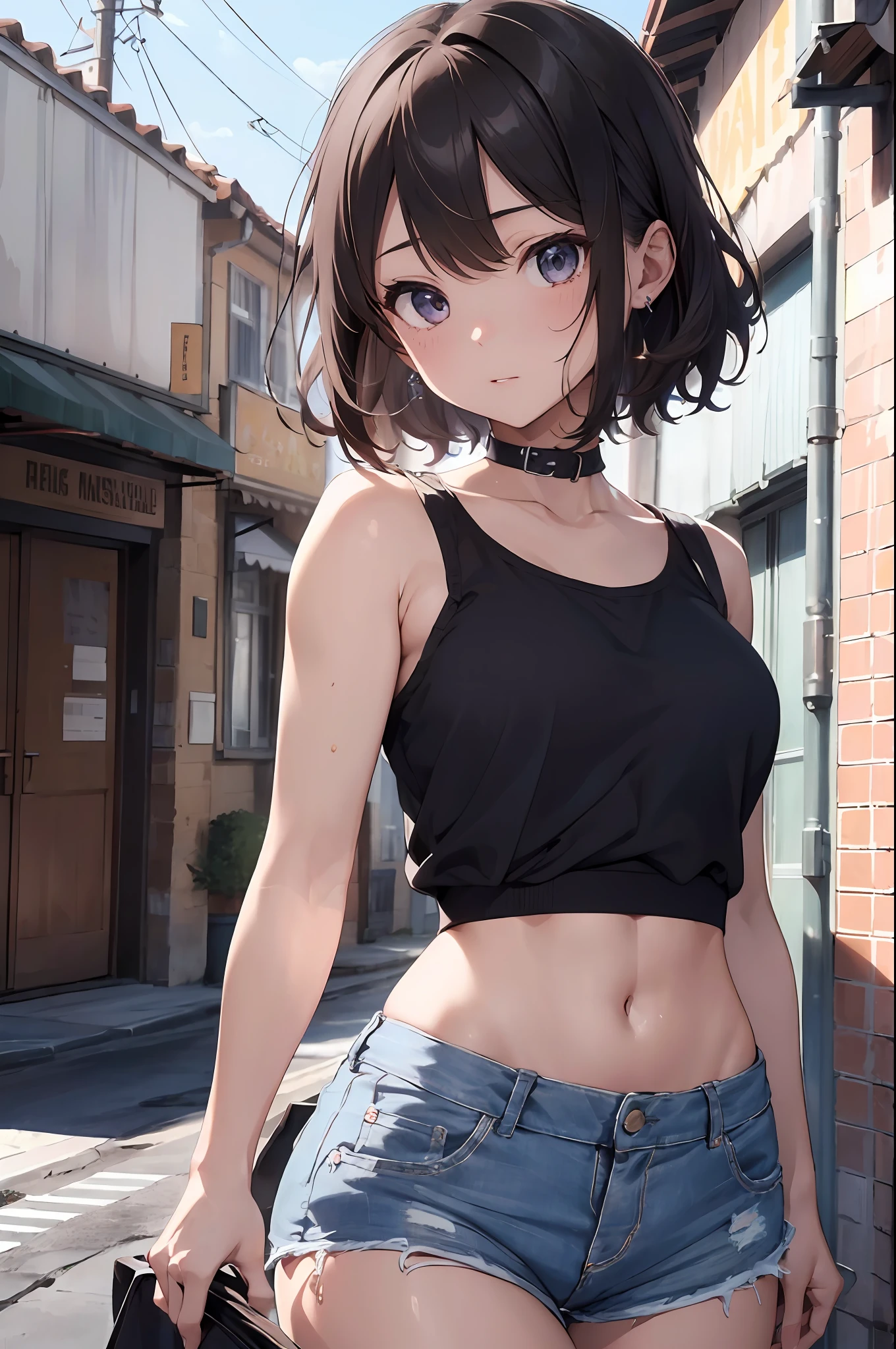 (masterpiece),(best quality), girl,((ultra-detailed)), (highly detailed CG illustration),(expressionless),, nsfw,, (masterpiece:1.16), (best quality:1.32),(meticulous_detail),(high resolution:1.1),(best illumination:1.1), (best shadow:1.1), (an extremely delicate and beautiful),(appropriate shading:1.1),(Illustration: 1.1),(Finished:1.1),Overlapping,(appropriate posture),(appropriate configuration),(ultra-precise_construction:1.2),cropping,(Bold Highlighted Outline),(detailed face), (beautiful eyes), ((medium breast, tomboy girls, small head)), (chiseled abs : 1.1), (perfect body : 1.1), (short wavy hair : 1.2) , auburn hair, collar, chain, full body shot, crowded street, wearing black tanktop, jeans jacket, ((shorts)), (extremely detailed CG 8k wallpaper), (an extremely delicate and beautiful), (masterpiece), (best quality:1.0), (ultra highres:1.0), beautiful lighting ,perfect lightning, realistic shadows,