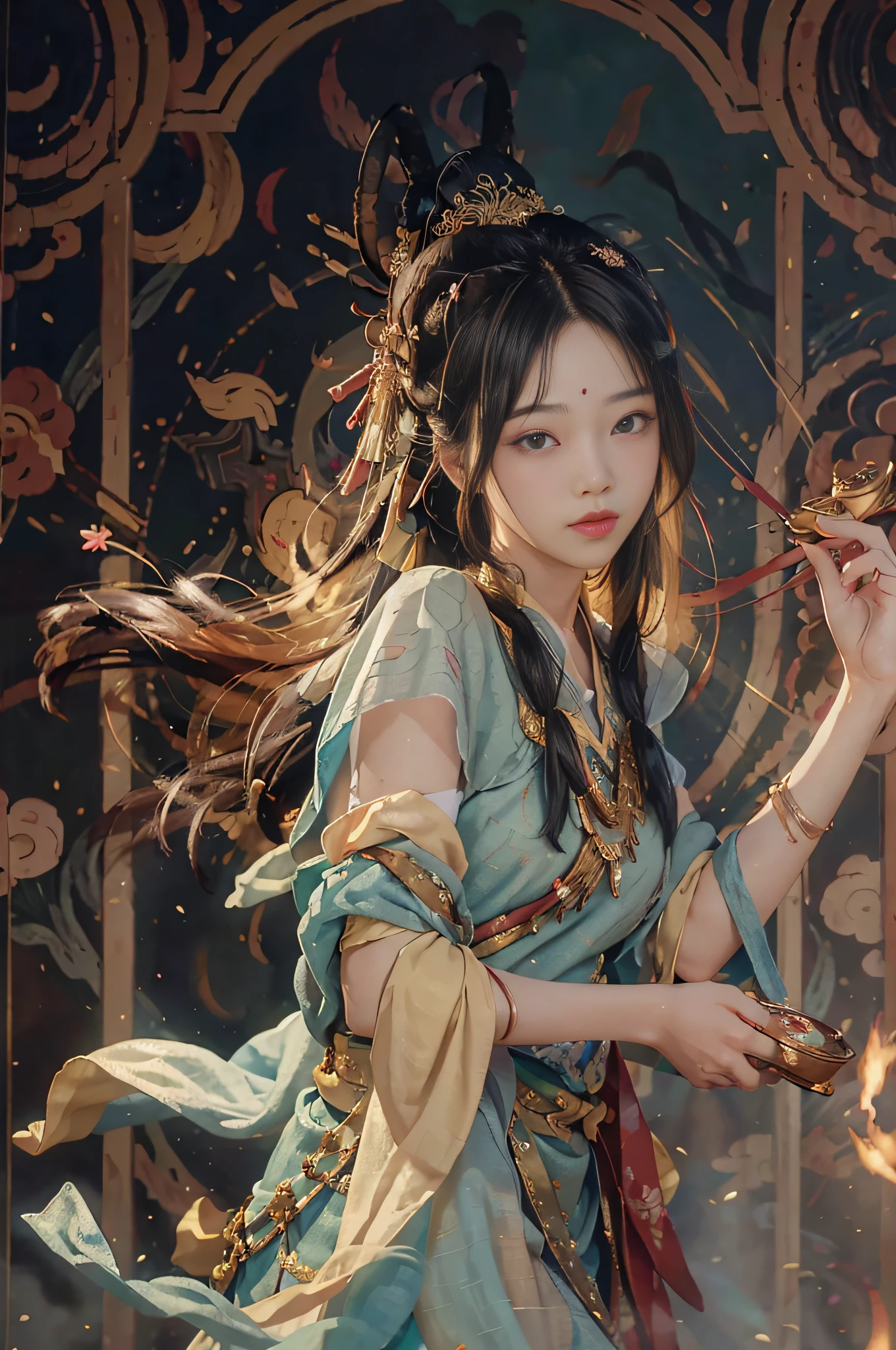 (RAW photo, best quality), (realistic, photo-realistic:1.3), best quality, highly detailed, masterpiece, ultra-detailed, illustration, 1girl, upper_body, dynamic angle, world mastery theater, messy_long_hair,best quality, extremely detailed CG unity 8k壁纸，墨水，惊人，电影灯光，微笑，lens_flare，dunhuang_style