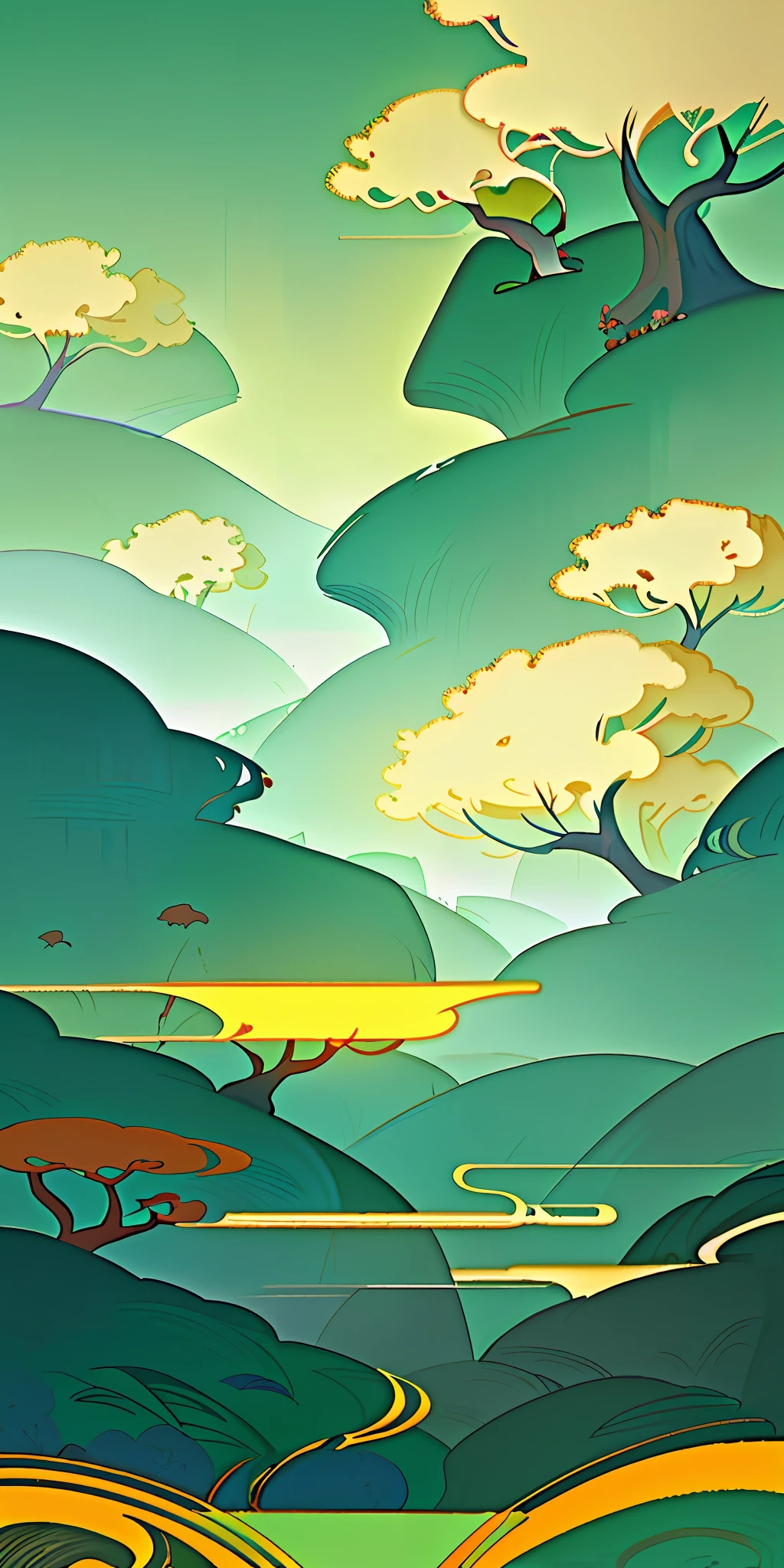 (Chinese landscape), abstract painting, (Zen, Amy Sol style), (Green trees, flowers, Chinese style architecture), cover art with light abstraction, simple vector art, contemporary Chinese art, color gradients, soft color palettes, layered forms, whimsical animation, style Ethereal abstract, 4K, --v6