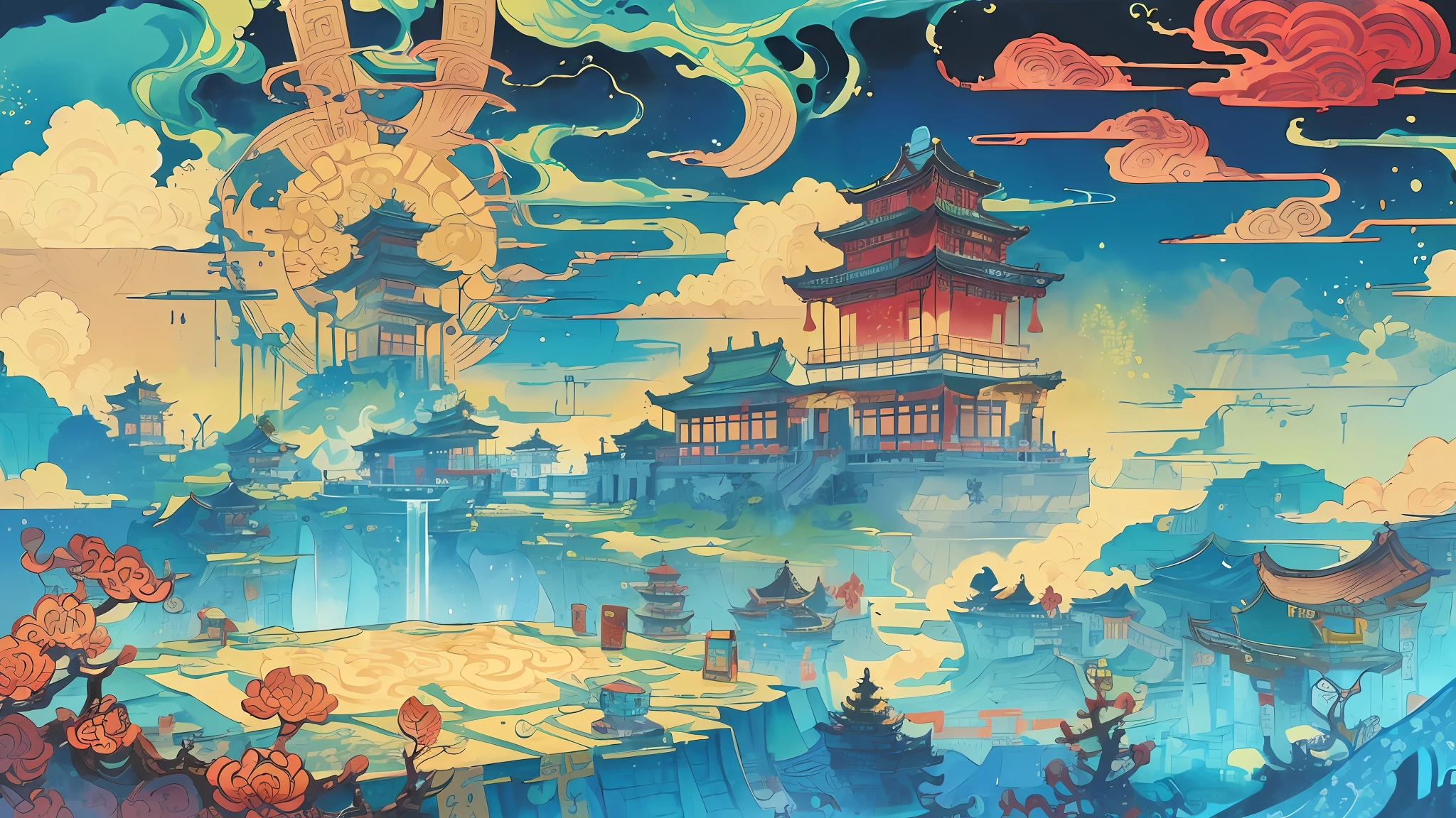 The game scene, the ancient Chinese palace is located above the clouds, surrounded by clouds and mist, majestic, glazed tiles, the big Buddha sitting on the sky, colorful, ((color ink)),(((splash ink)),((splash ink) ink) ink} ) ) , masterpiece, high quality, beautiful graphics, high detail