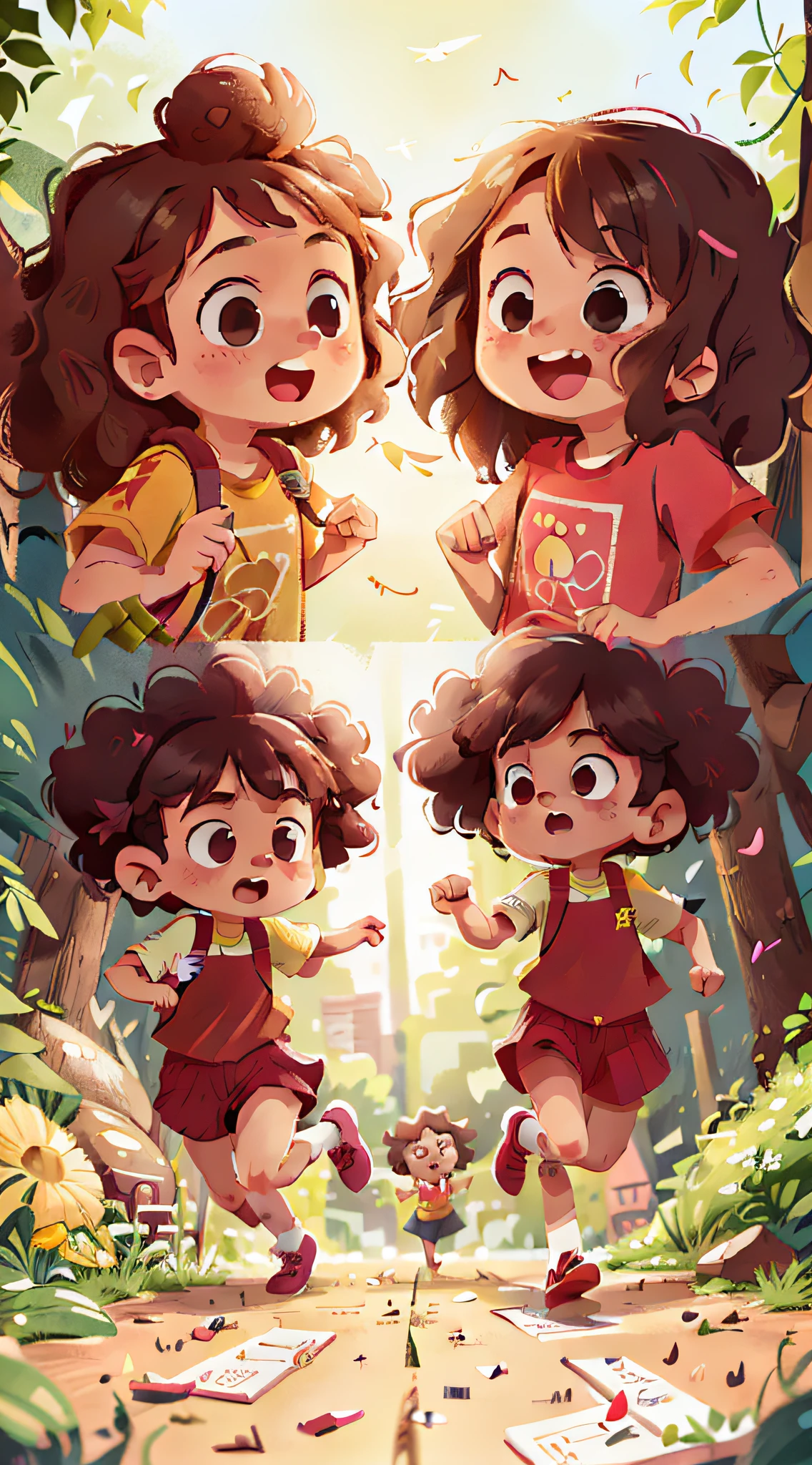 Two girls, twins, curly brown hair, running