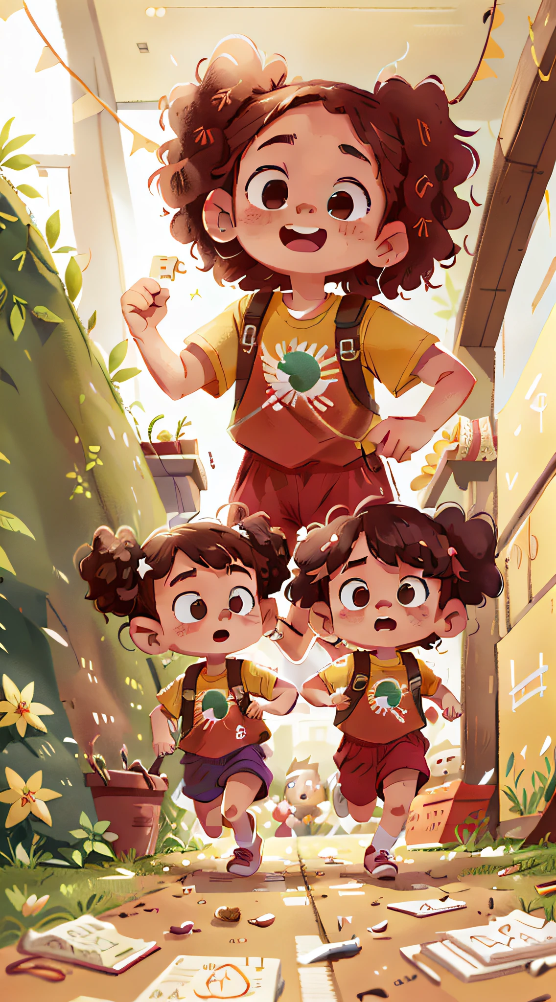 Two girls, twins, curly brown hair, running