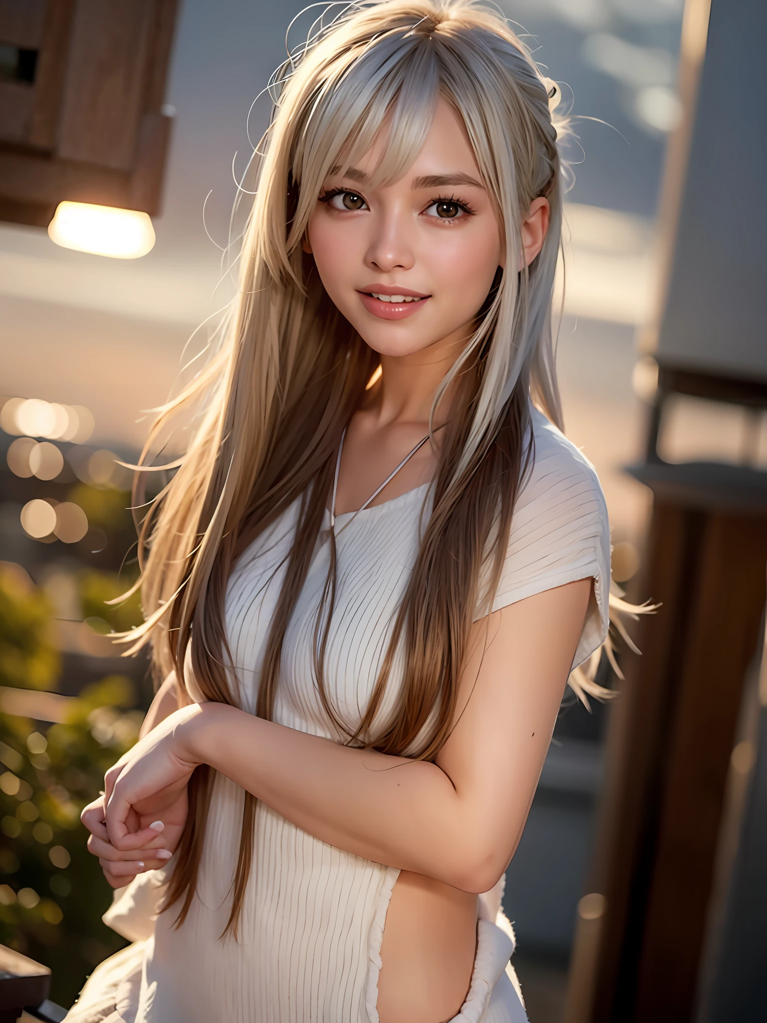 Brown-haired, smiling