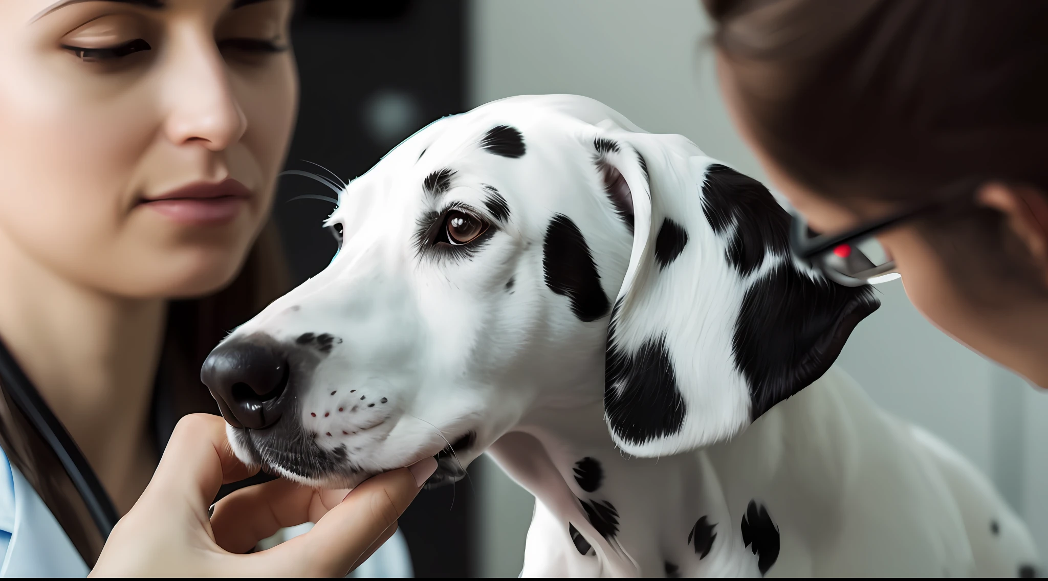 **a close up of a female veterinarian inspecting the ears of a dalmatian, the Dalmatian being held by a veterinary assistant --ar 16:9 --v 5**