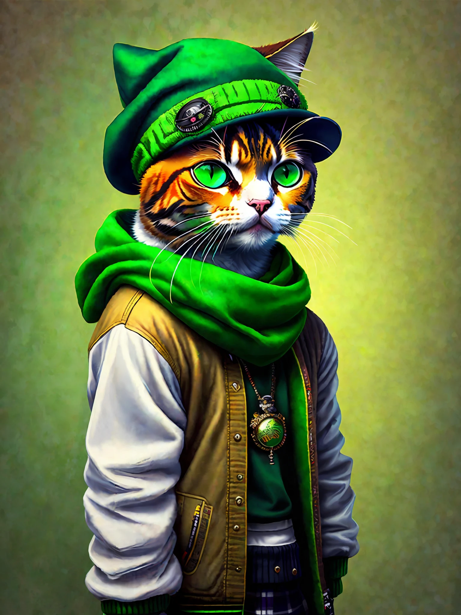 a painting of a cat wearing green hat and scarf, trend in the art station, dressed in punk clothes, detailed hyper realistic rendering, british gang member, street style, intimidating pose, planet of cats, fashionable clothes, urban samurai, meow, West Slavic features, 8 1 5