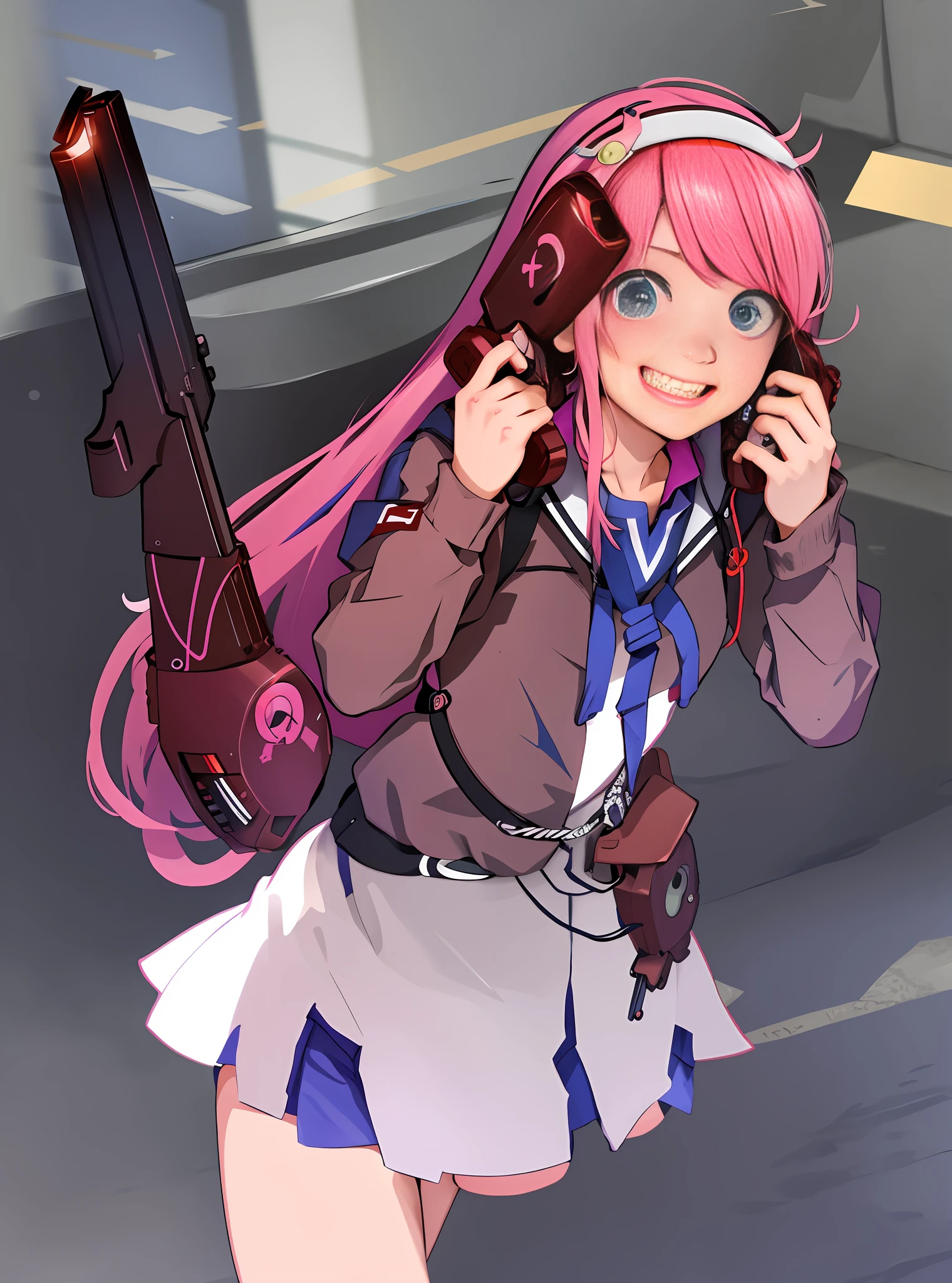 anime girl with pink hair holding a gun and talking on a cell phone, humanoid pink female squid girl, marin kitagawa fanart, zerochan art, best anime 4k konachan wallpaper, by Kamagurka, pink twintail hair and cyan eyes, doki doki literature club, kantai collection style, gapmoe yandere, zerochan