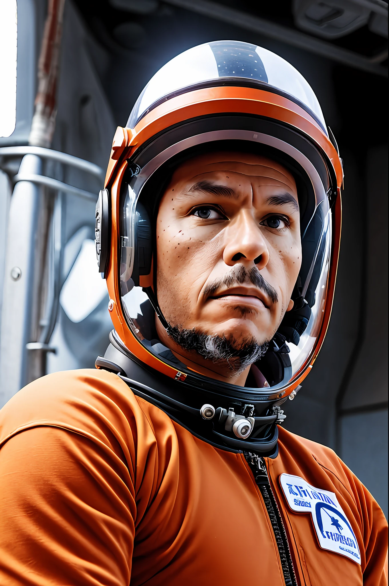 guttonerdvision3,1man ,flat_breasts,cute,beautiful detailed eyes,shiny hair,visible through hair,hair between eyes, CCCPposter,soviet poster,monochrome red,soviet poster,soviet,communism,Black_hair,red_eyes,vampire,teen,poorbreast,space suit:Orange_clothing_body:jumpsuit), luvas_brancas, espaço_branco shoes, capacete_branco, the red letters CCCP on the top of the helmet,  weightlessness, side light, reflection, the person in the spacesuit is at the bottom left of the frame, the right hand is extended, the right hand gently touches the Salyut space station), Space station in the upper right corner of the screen, Light reflected from the sun, Silver metal,red flag, brightness,USSR style, diffuse reflection, metallic texture, The view is a blue Earth, mecha style,sea of stars,high tone,magnificent