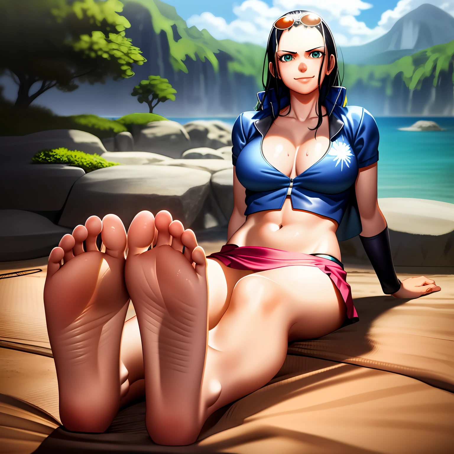 1girl, sitting, feet up, soles, black hair, beach, nico robin, wanostyle, aqua eyes, black hair, breasts, cleavage, closed mouth, collared jacket, cowboy shot, crop top, cropped jacket, eyewear on head, hair slicked back, hand up, high collar, jacket, large breasts, long hair, looking at viewer, midriff, navel, plunging neckline, sarong, short sleeves, smile, solo, stomach, sunglasses, very long hair, flower drawing on jacket, outdoors, sea, ((masterpiece)), high quality, visible feet, five toes on left foot, five toes on right foot, anatomically accurate feet, sweaty feet, sweat, sweat drops, steam, steamy feet, dynamic light, tranquil, serene, smiling, looking at viewer, raytracing, high quality face, accurate face, nico robin \(one piece\),