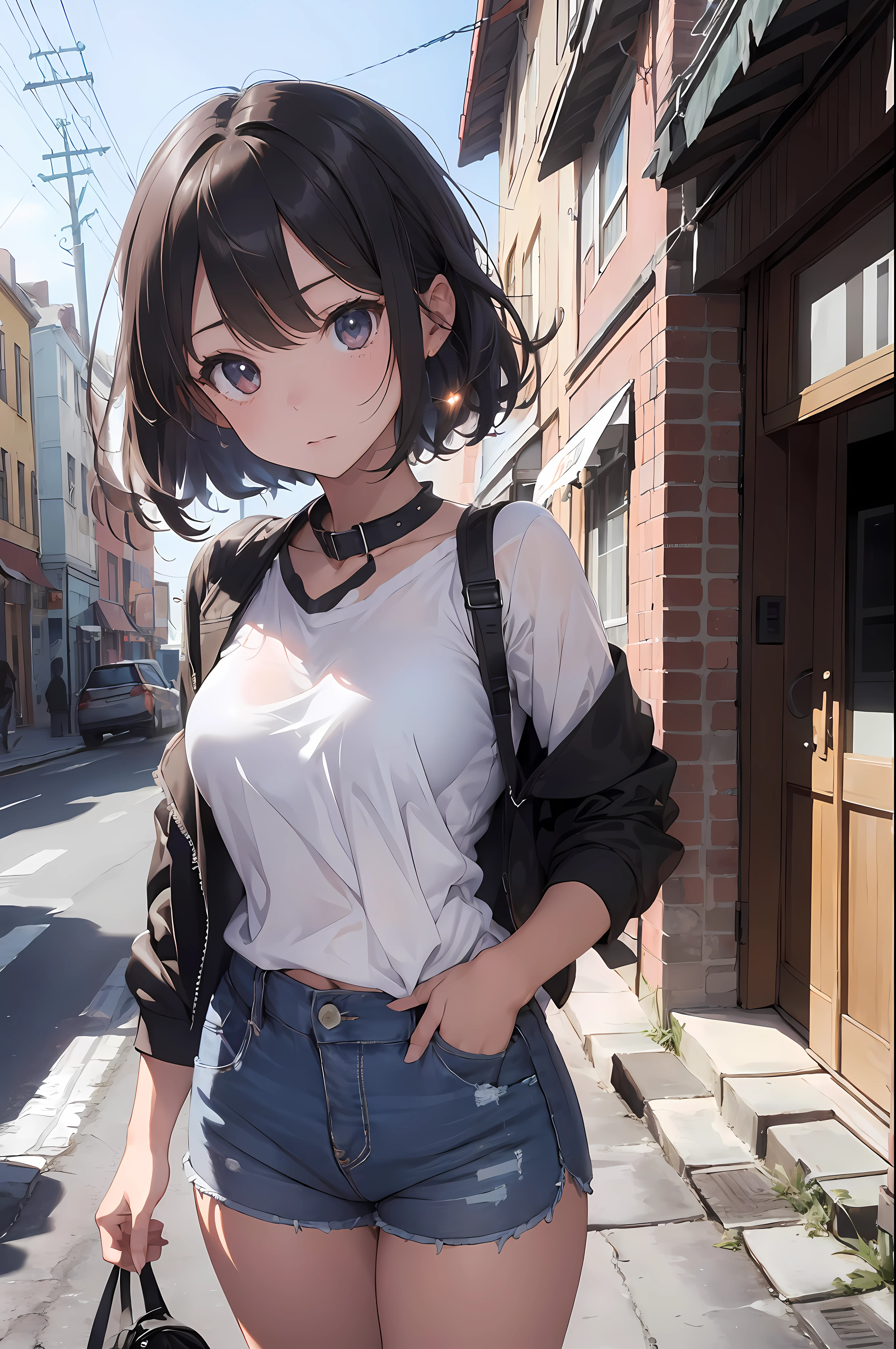 (masterpiece),(best quality), girl,((ultra-detailed)), (highly detailed CG illustration),(expressionless),, nsfw,, (masterpiece:1.16), (best quality:1.32),(meticulous_detail),(high resolution:1.1),(best illumination:1.1), (best shadow:1.1), (an extremely delicate and beautiful),(appropriate shading:1.1),(Illustration: 1.1),(Finished:1.1),Overlapping,(appropriate posture),(appropriate configuration),(ultra-precise_construction:1.2),cropping,(Bold Highlighted Outline),(detailed face), (beautiful eyes), ((medium breast, tomboy girls, small head)), (chiseled abs : 1.1), (perfect body : 1.1), (short wavy hair : 1.2) , auburn hair, collar, chain, full body shot, crowded street, wearing black tanktop, jeans jacket, ((shorts)), (extremely detailed CG 8k wallpaper), (an extremely delicate and beautiful), (masterpiece), (best quality:1.0), (ultra highres:1.0), beautiful lighting ,perfect lightning, realistic shadows,