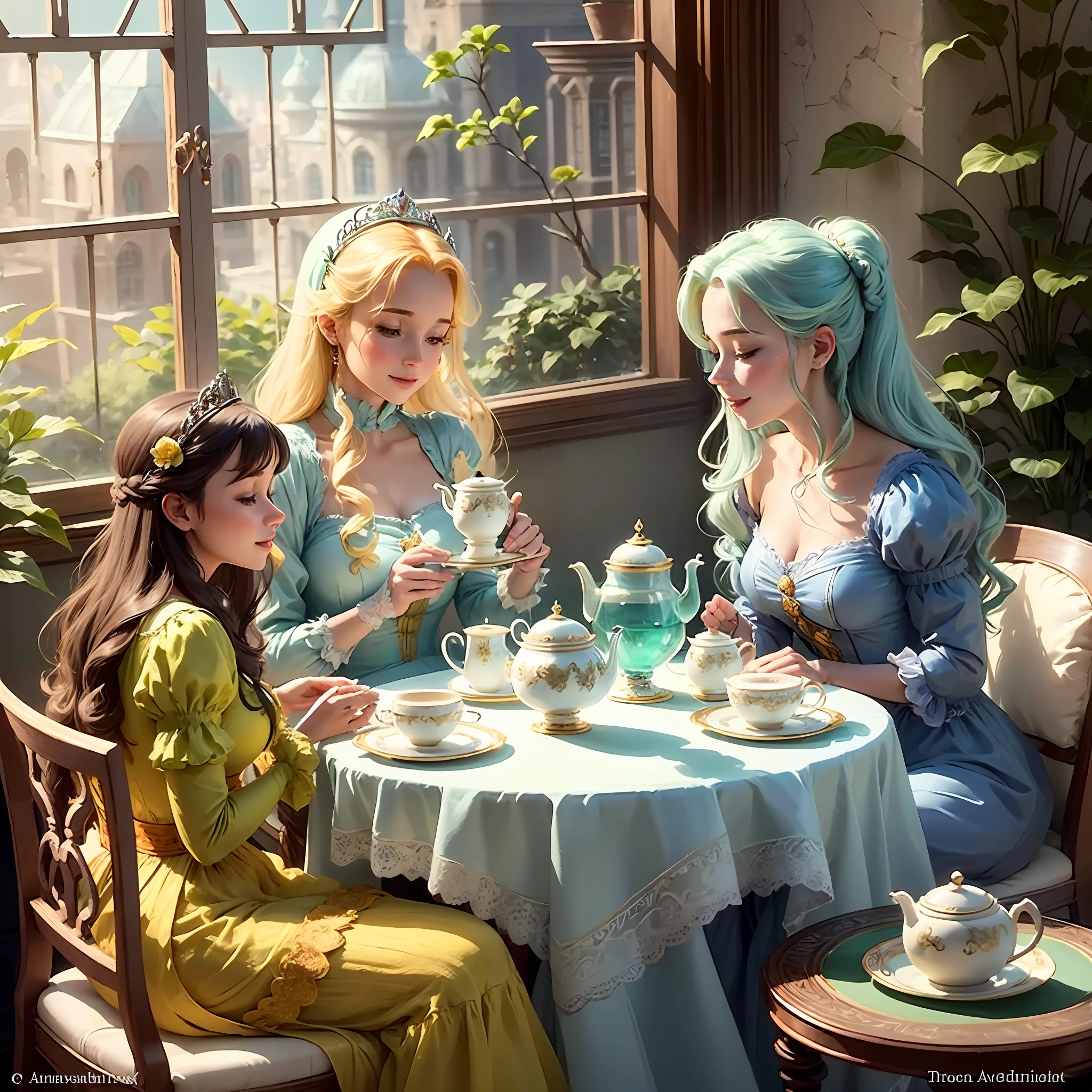 The image depicts the three princesses from Beauty and the Beast, Cinderella, and Sleeping Beauty having a delightful afternoon tea. The princesses are seated around a table in a cozy dining room, surrounded by exquisite decor. A large window provides a lovely view of the picturesque palace garden. The princesses are smiling and chatting merrily, embodying peace, happiness, and friendship. They are enjoying sweet treats and sipping tea from dainty teacups. The colors of the image are light green, white, light blue, yellow, and golden, creating a harmonious and serene ambiance.