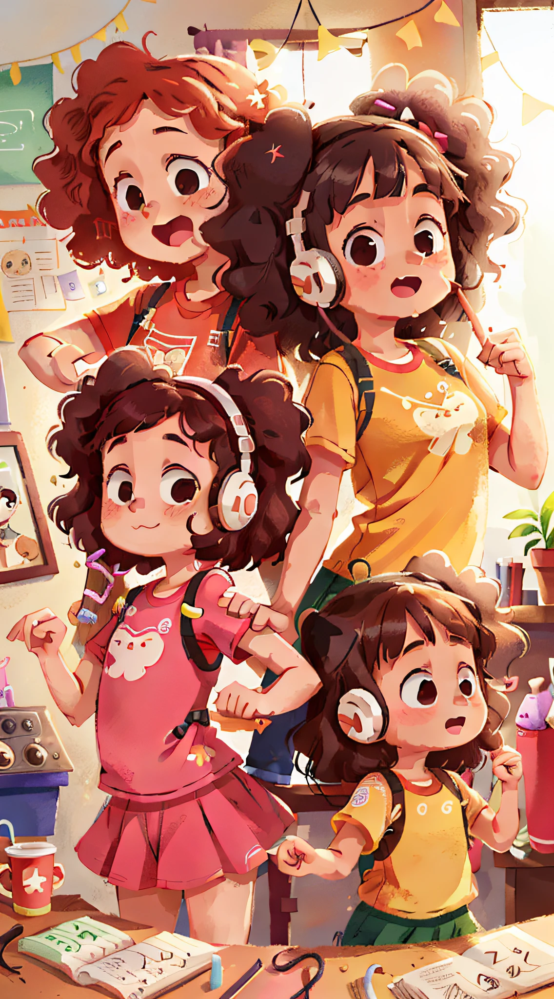 Two girls, twins, curly brown hair, listening to music and dancing