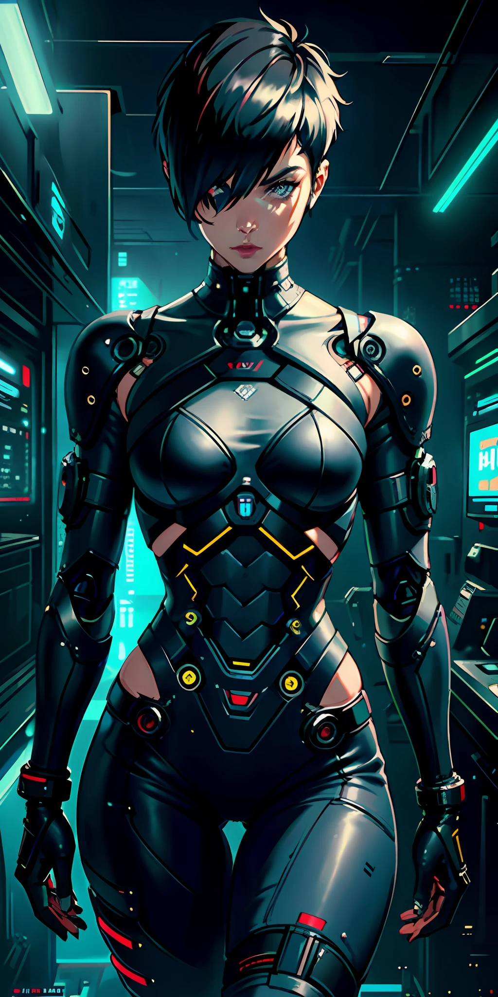 adult, girl face, serious face, provocative look, hair: pixie cut, hair: black, robotic parts, cybernetic, futuristic, cyberpunk, tattoo, perfect body, fit body, muscular, small chest, big arms, broad shoulders, big thighs, background: futuristic bar,