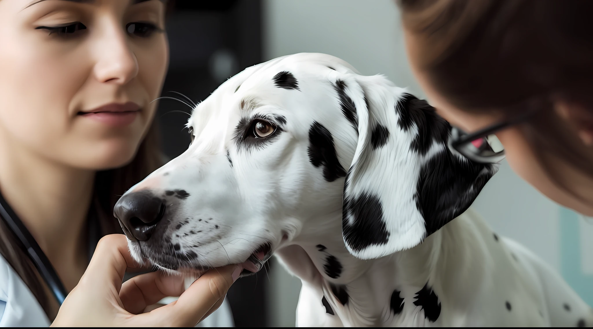 **a close up of a female veterinarian inspecting the ears of a dalmatian, the Dalmatian being held by a veterinary assistant --ar 16:9 --v 5**