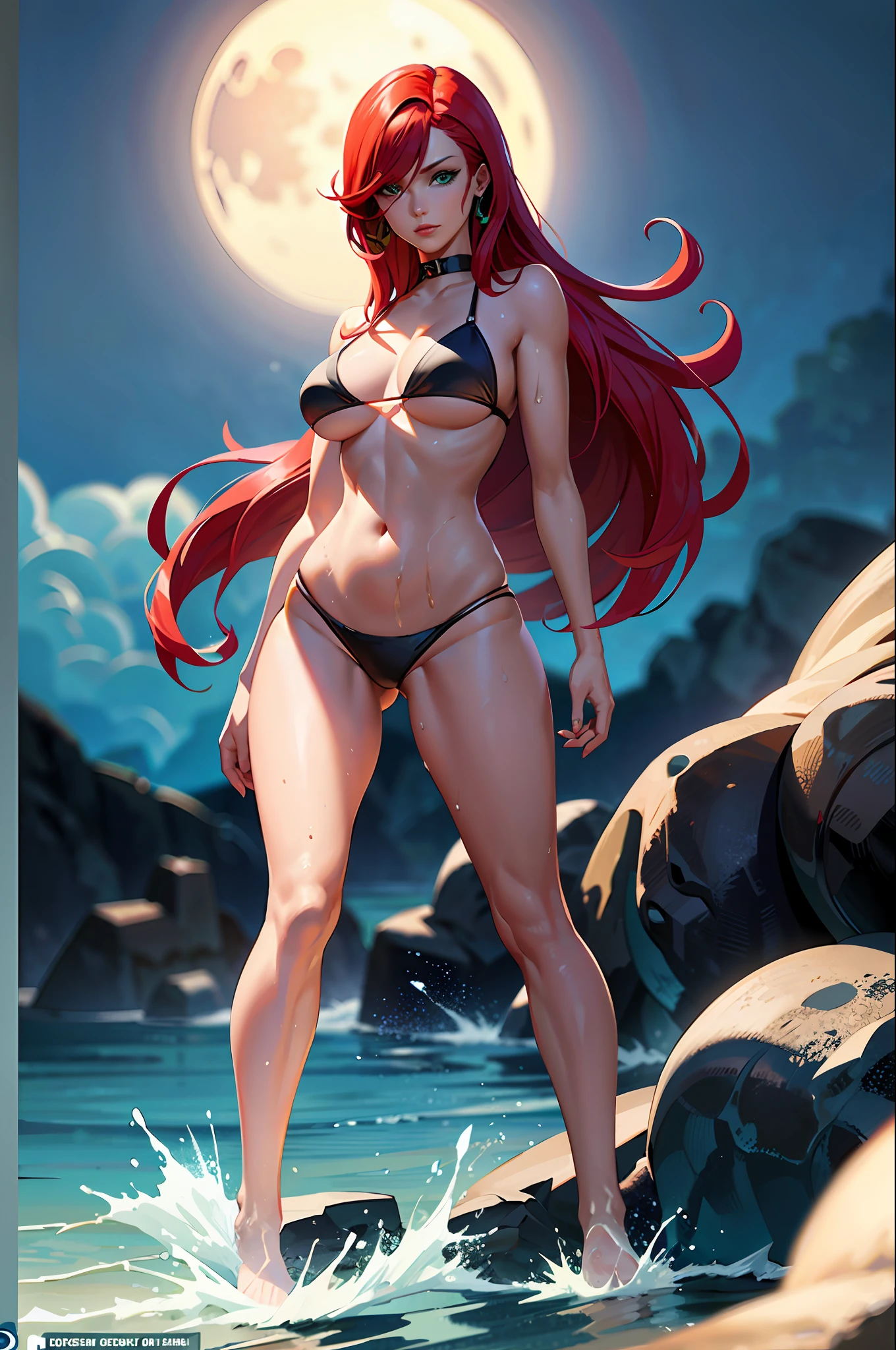 Miss Fortune from League of Legends, red hair, green eyes, ultra detailed face, wearing a skimpy black bikini, wet skin, oily skin, cute face, serious face, coming out from the sea, moonful night, moon background, UHD, side lighting, ultra-realistic, ray tracing, full body must be visible