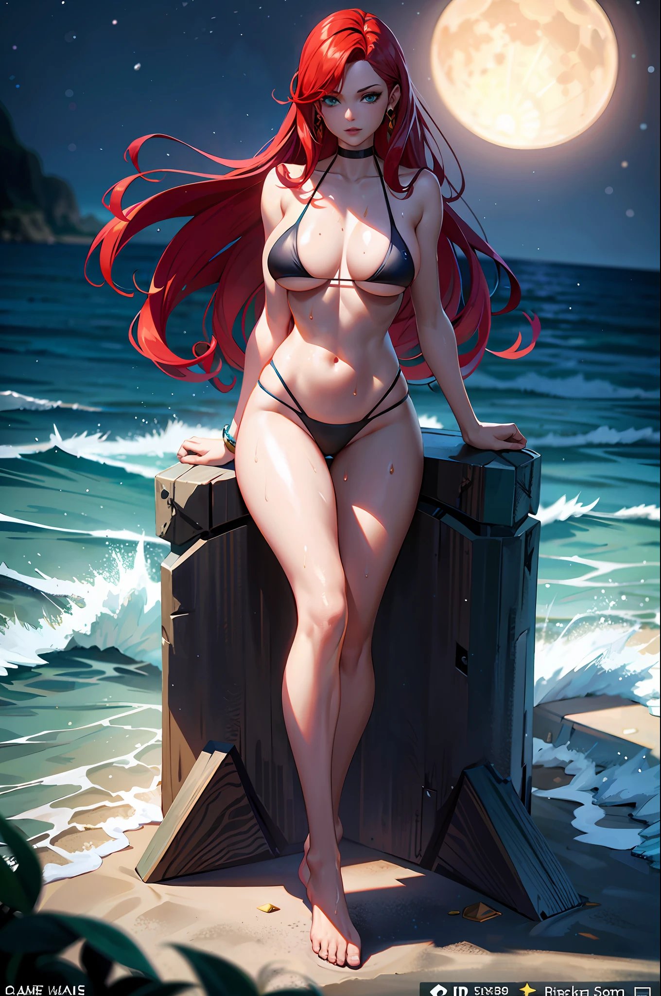 Miss Fortune from League of Legends, red hair, green eyes, ultra detailed face, wearing a skimpy black bikini, wet skin, oily skin, cute face, serious face, coming out from the sea, moonful night, moon background, UHD, side lighting, ultra-realistic, ray tracing, full body must be visible
