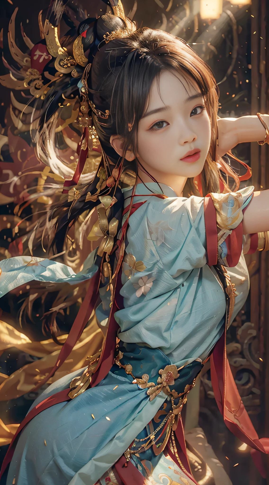 (RAW photo, best quality), (realistic, photo-realistic:1.3), best quality, highly detailed, masterpiece, ultra-detailed, illustration, 1girl, upper_body, dynamic angle, world mastery theater, messy_long_hair,best quality, extremely detailed CG unity 8k壁纸,墨水,惊人,电影灯光,微笑,lens_flare,dunhuang_style
