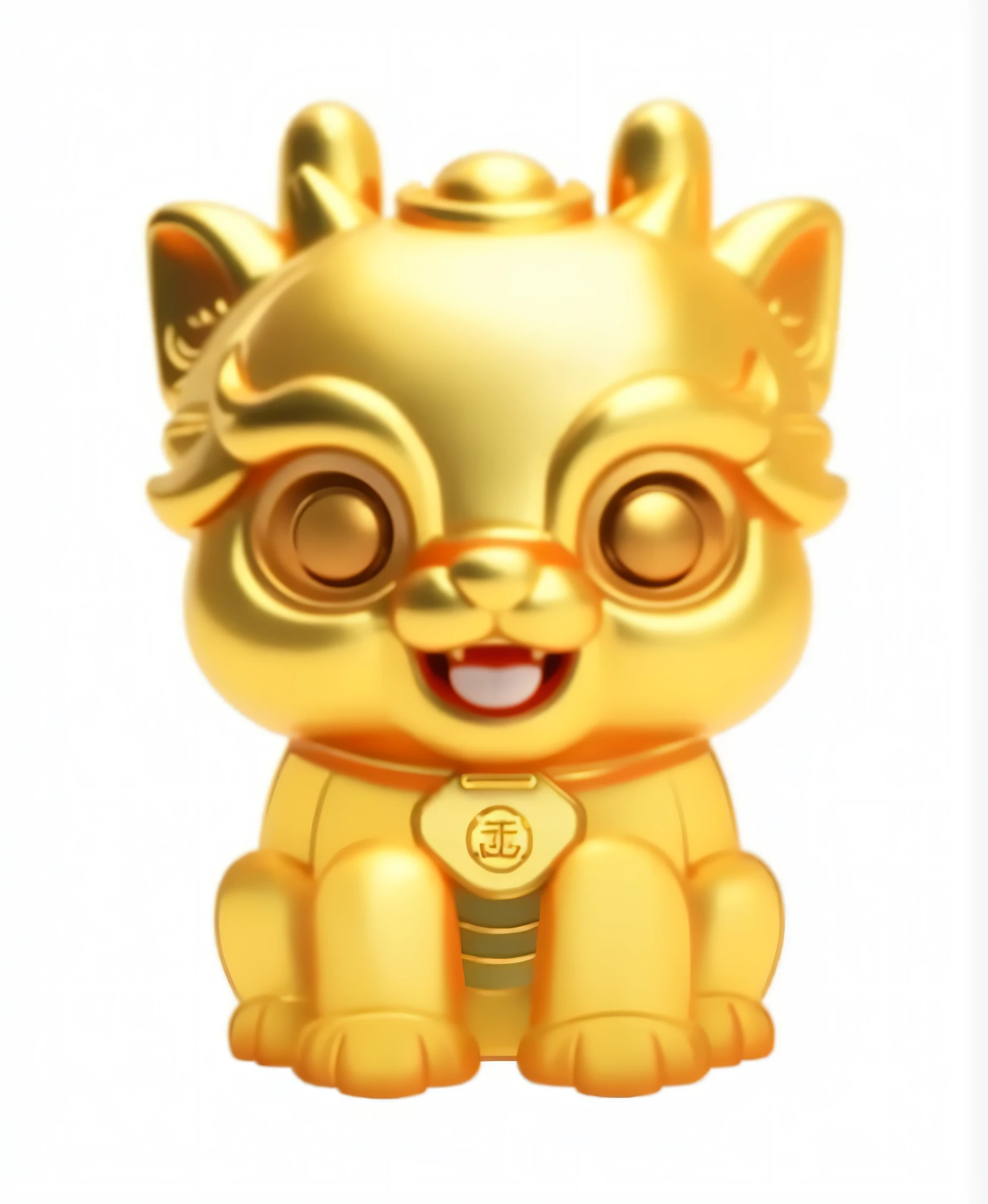 Realistic close-up of golden Chinese dragon mascot product with a smile on his face, a golden lock hanging on his chest, big golden eyes, Chinese auspicious elements.
