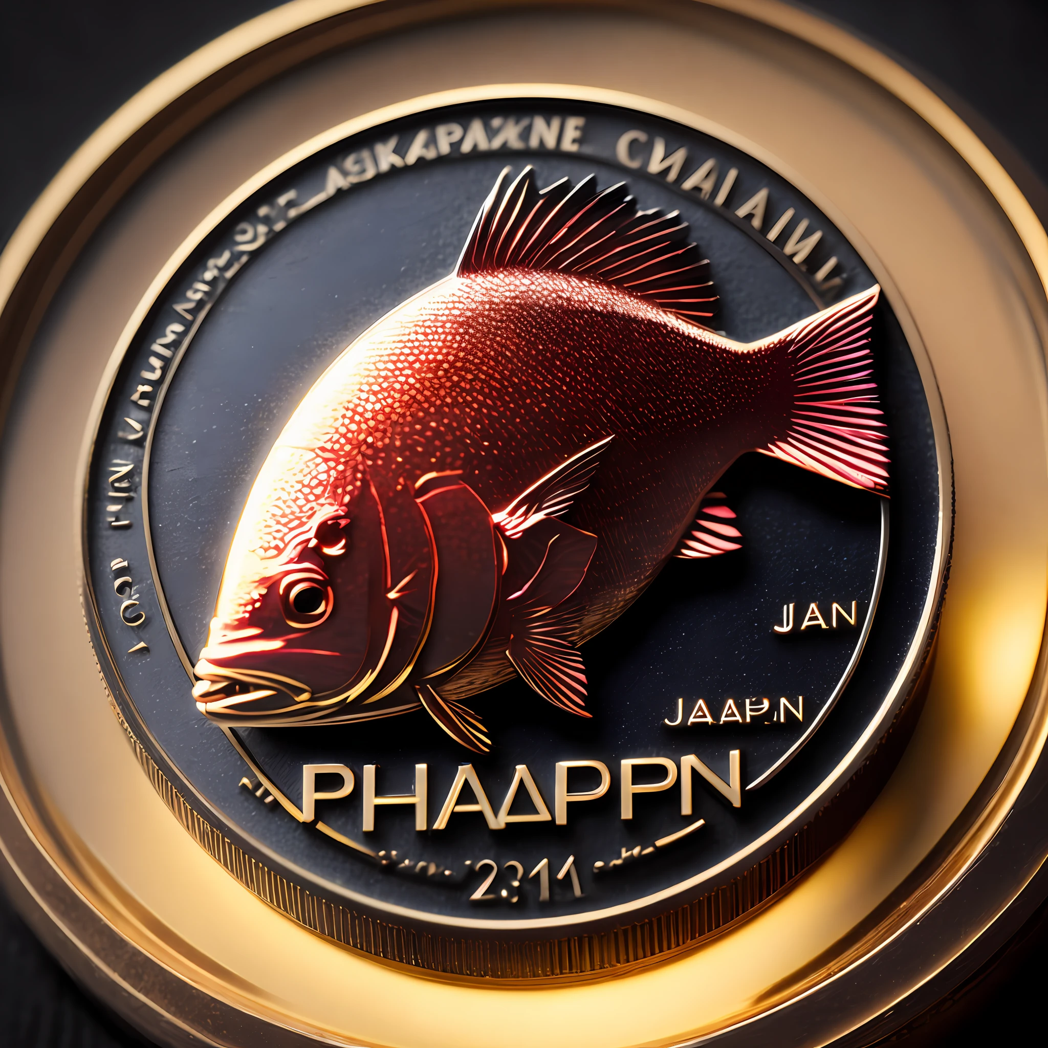 Japan snapper coin product photo, spectacular rendering, octane number, atmosphere, grain, soft volumetric light, (backlit: 1.3), (cinematic: 1.3), intricate detail, (ArtStation: 1.3)