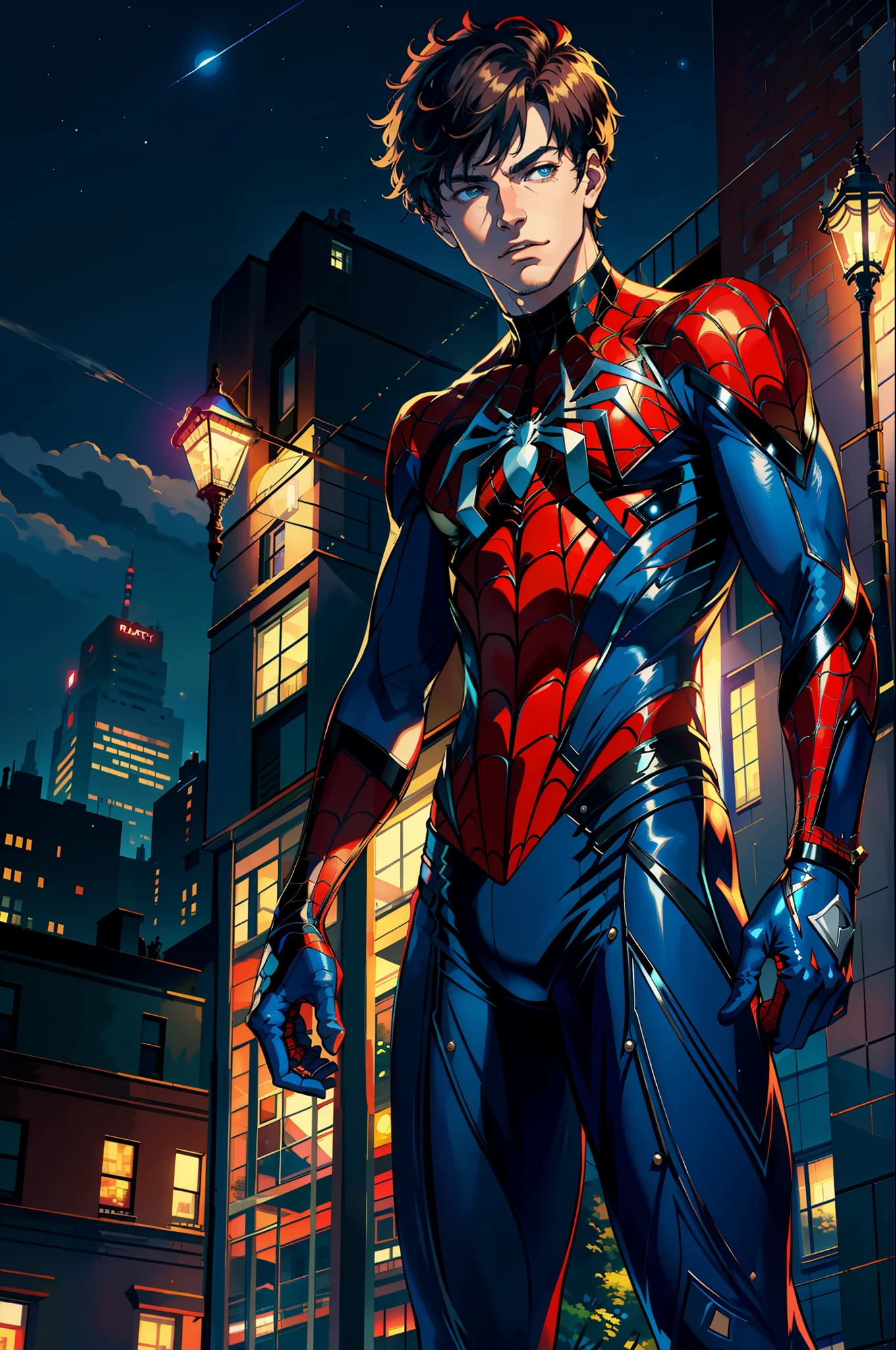 (masterpiece, best quality: 1.2), solo, male focus, 1boy, spider man, highest quality digital art, rtx, ray tracing, night, moonlight, on top of a building, night lights, city