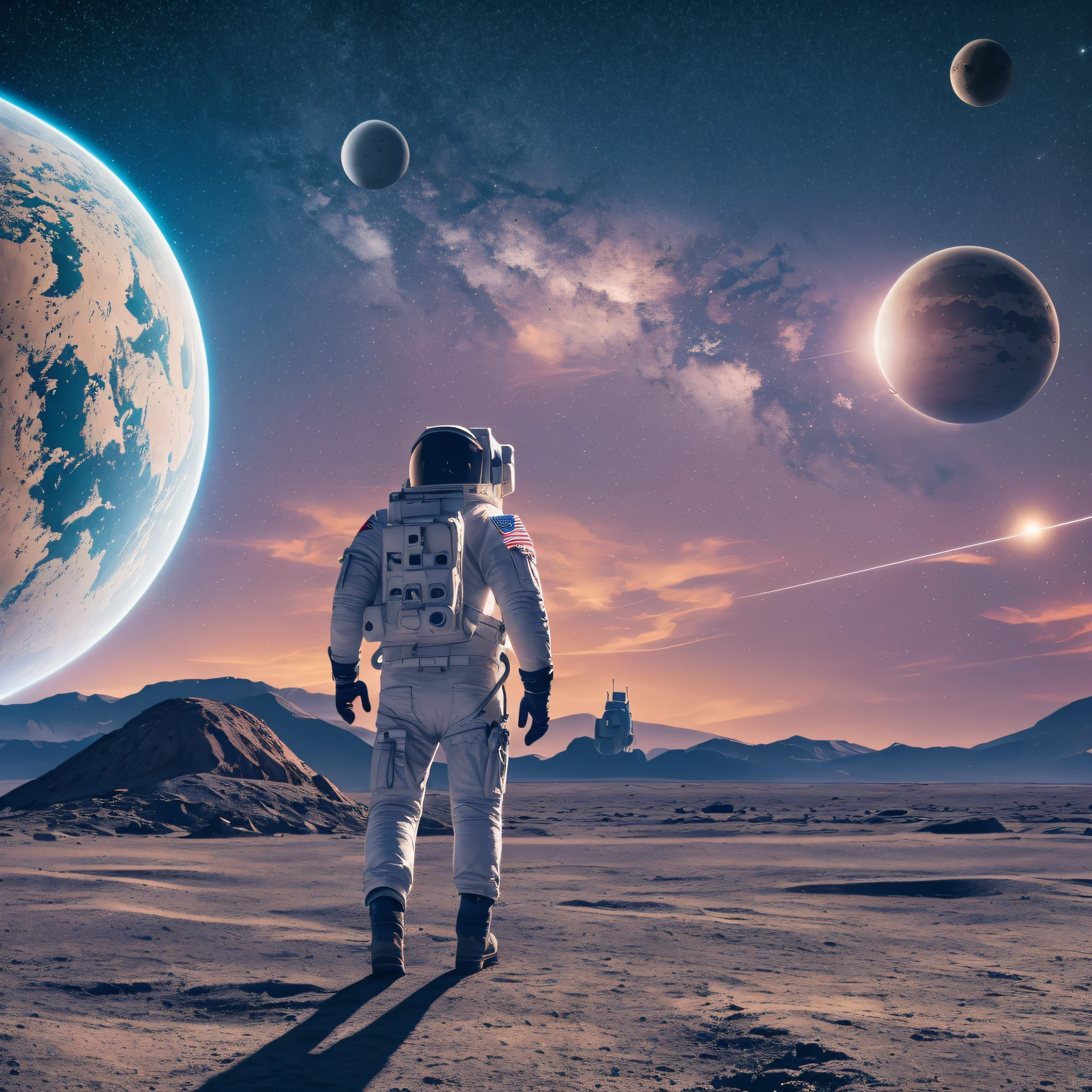 Realistic astronaut, 8k, uhd, walking on strange planet, image of back, ship in the background. --auto --s2
