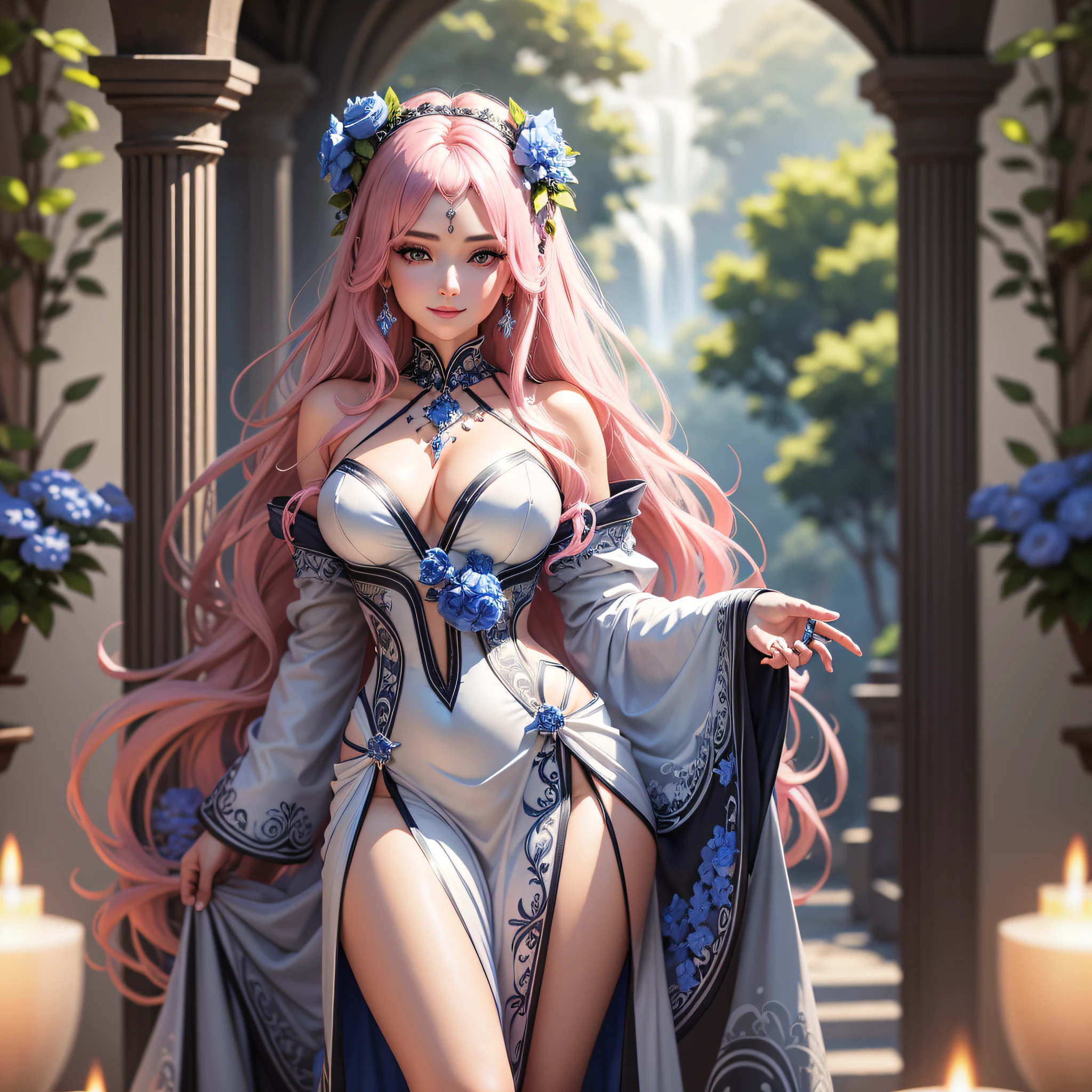 masterpiece,best quality,best quality,Amazing,beautiful detailed eyes,1girl,fine detail,Depth offield,extremely detailed CG unity 8k wallpaper,masterpiece,upper body, pink hair, white floor length slit dress, mature woman, standing, mid bust, silver headdress, smiling, black high heels, extra long hair, body turned to one side, jewelry, blue flowers in hair, gray eyes, close up dressed like Trinity --auto --s2