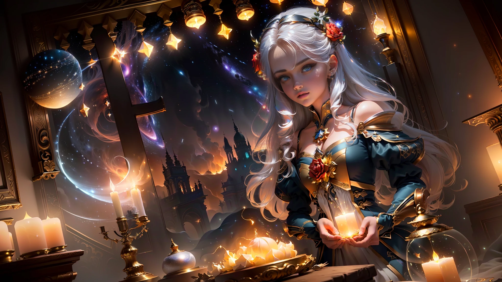 Masterpiece, best quality, (very detailed CG unity 8k wallpaper), (best quality), (best illustration), (best shadows), cosmic theme with natural elements. Circle, surrounded by planetary orbits and turbulence, with fireflies and glowing particle effects, (natural elements), (cosmic theme), (stars), (milky way), (stars), void, (delicate celestial bodies), (luminous), (particle effects). , isometric 3D, Octane rendering, ray tracing, super detailed (extremely detailed CG Unity 8k wallpaper, masterpiece, high quality, super detailed), 1girl (charming girl, lavish decoration, gorgeous, and charming red rose), (dynamic view, dazzling eyes, long silver hair: 1.3, fine collection,) surrounded by arcane runes, (magic and mysterious background, firefly lights, glowing particles, ethereal fog and darkness), high saturation
