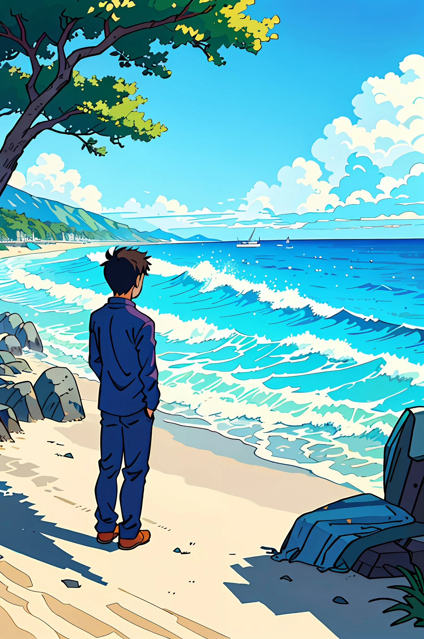 (best quality:0.8),
(best quality: 0.8), perfect anime illustration, quiet scenery of a beach, back view of a young man in the distance looking at the sea, young man looks like Monkey D. Luffy from One Piece