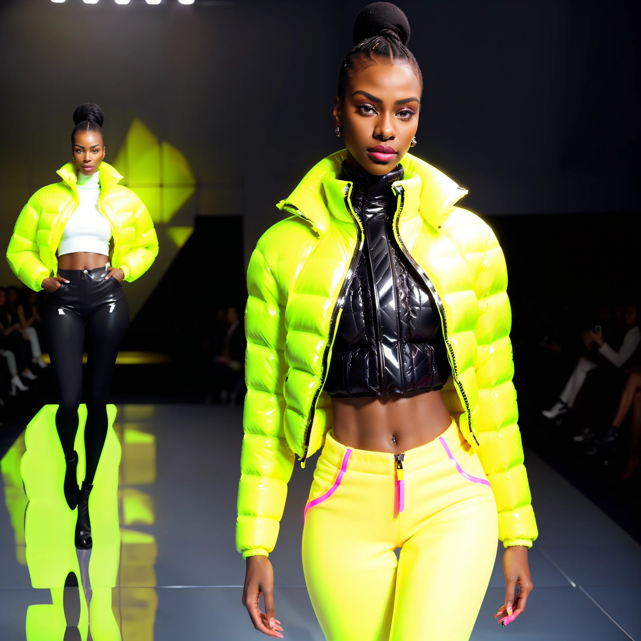 ((( an ultra realistic woman, posing elegant, confident on the runway))) with perfect Kenyan African facial features, ultra realistic skin, skin pores, short afro hair, braided, ultra detailed in hd, with confident expression, wearing (((Balenciaga puffer style jacket oversized:1.5 ultra definition red))) pants, turtleneck shirt , (((yellow jacket:1.5, vivid color, neon, reflective))), posing at the end of the runway in , (bring high fashion show atmosphere, perfect audience, ultra realistic) view from different angles, high fashion show, best quality, top quality, image masterpiece, high resolution photography.